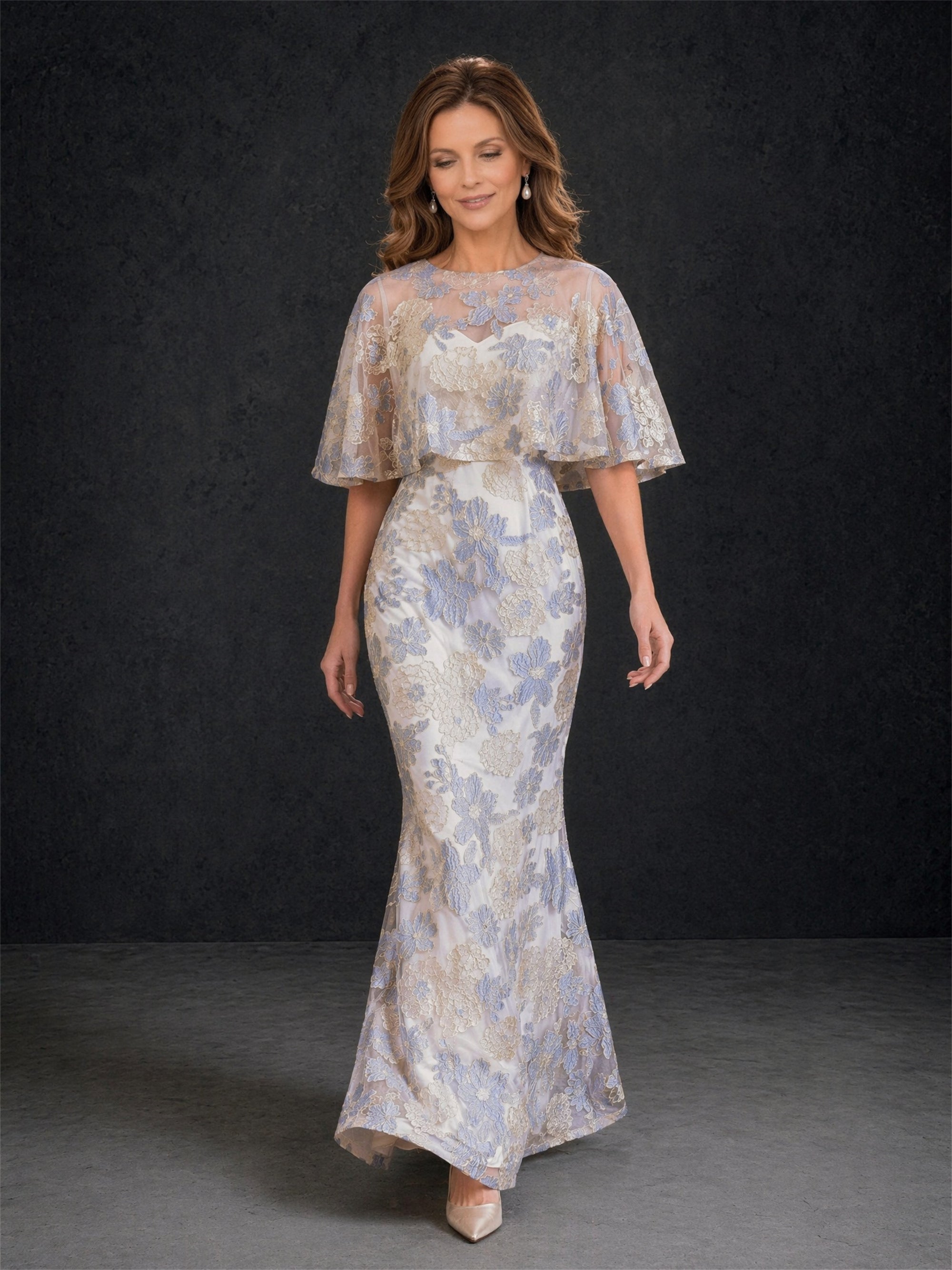 BOLODOO champagne dusty blue floral embroidered lace mermaid evening gown with flutter cape sleeve – full back view showing mermaid silhouette