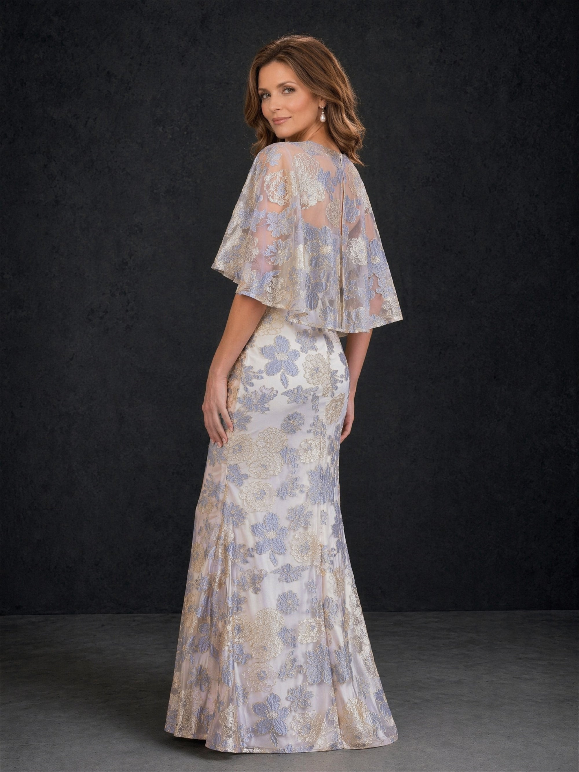 BOLODOO champagne dusty blue floral lace mermaid gown with sheer flutter cape sleeve – front full length standing view