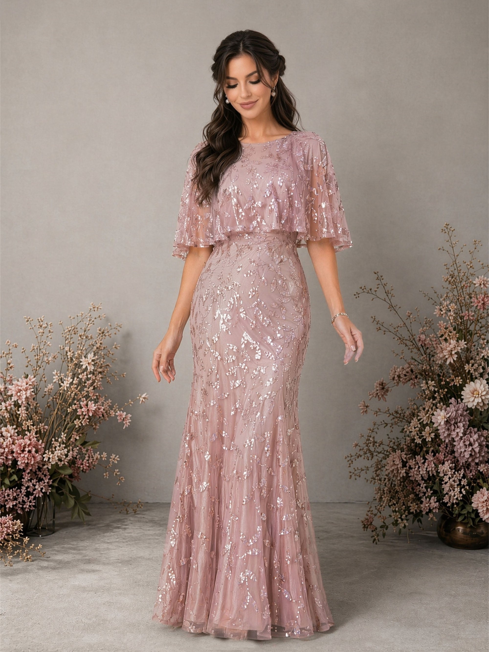BOLODOO dusty rose floral sequin embroidered tulle mermaid gown with cape sleeve – front full length smiling view