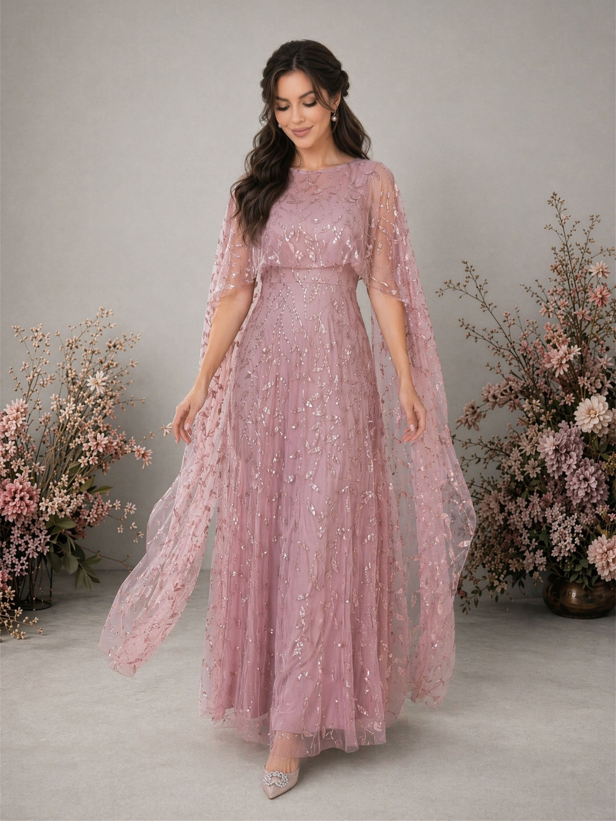 BOLODOO dusty rose sequin tulle mermaid gown with flutter cape sleeve and low V open back bow tie – full back view showing mermaid silhouette