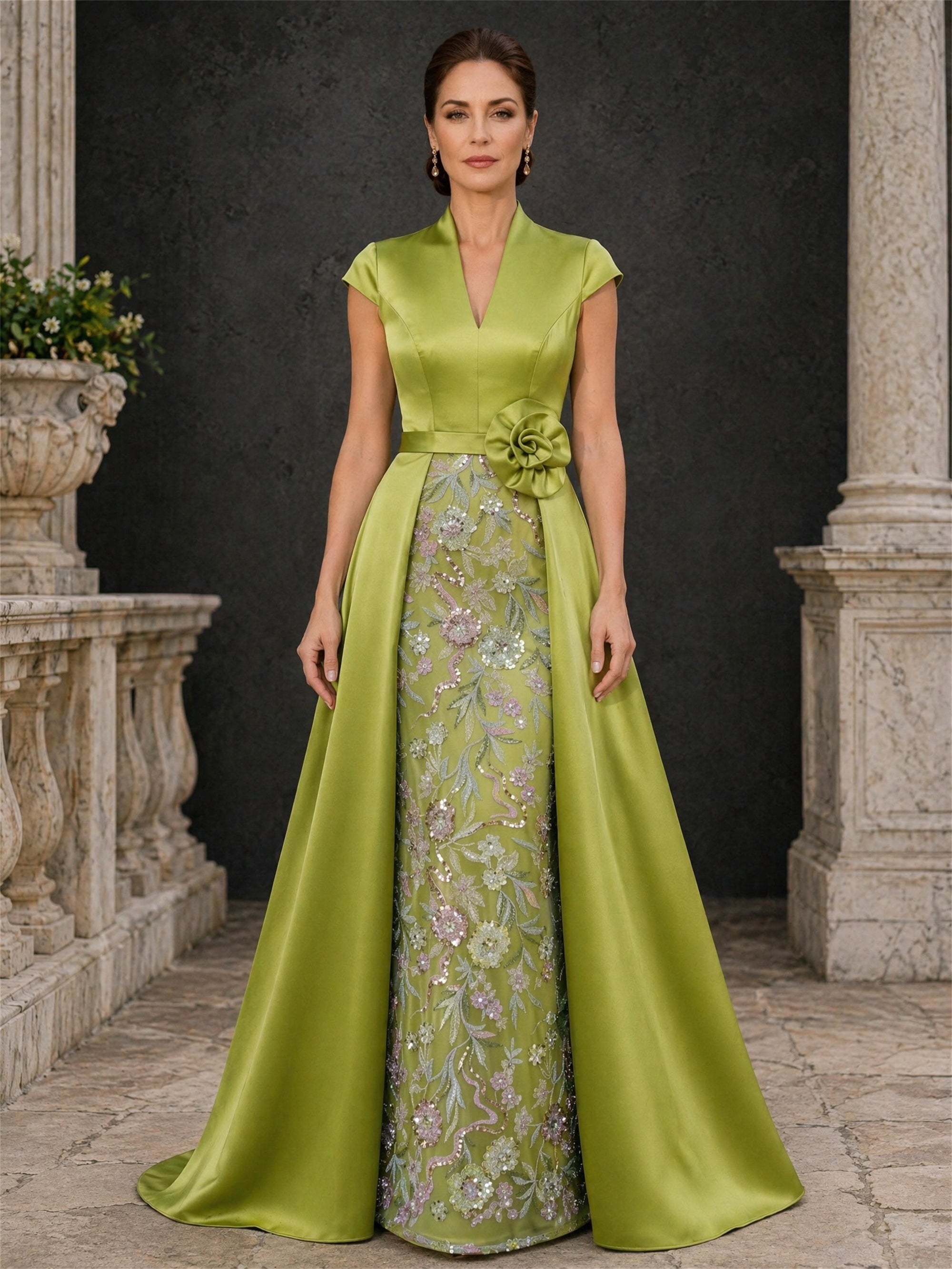 BOLODOO chartreuse V-neck cap sleeve satin gown close-up front view showing 3D rose belt and floral sequin underdress detail