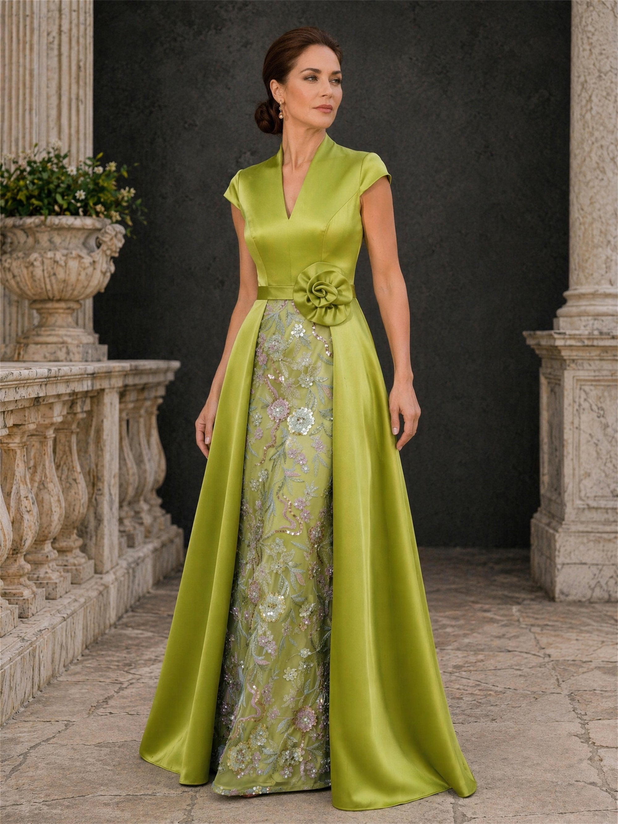 BOLODOO chartreuse V-neck cap sleeve satin gown with floral sequin underdress detachable overskirt and 3D rose belt – front full length view