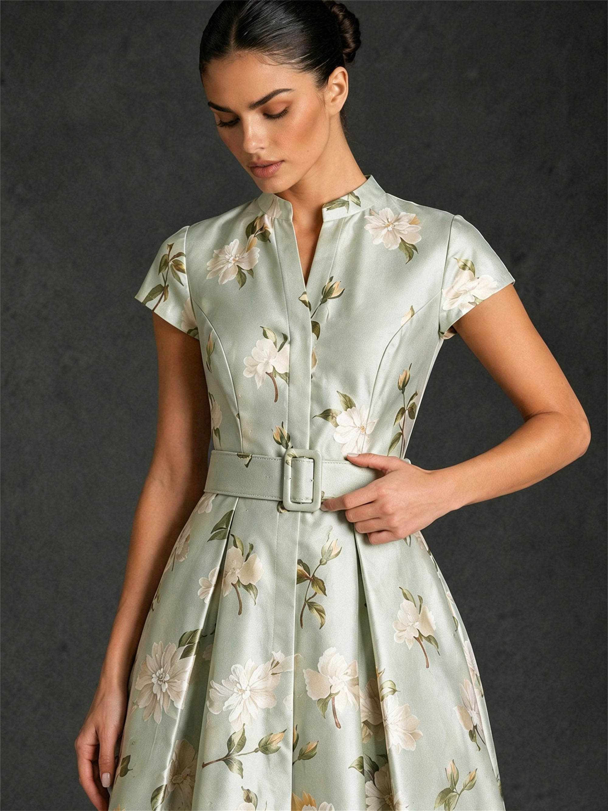 BOLODOO sage green floral brocade cap sleeve pleated A-line floor length gown – back three-quarter view showing zipper closure and full skirt