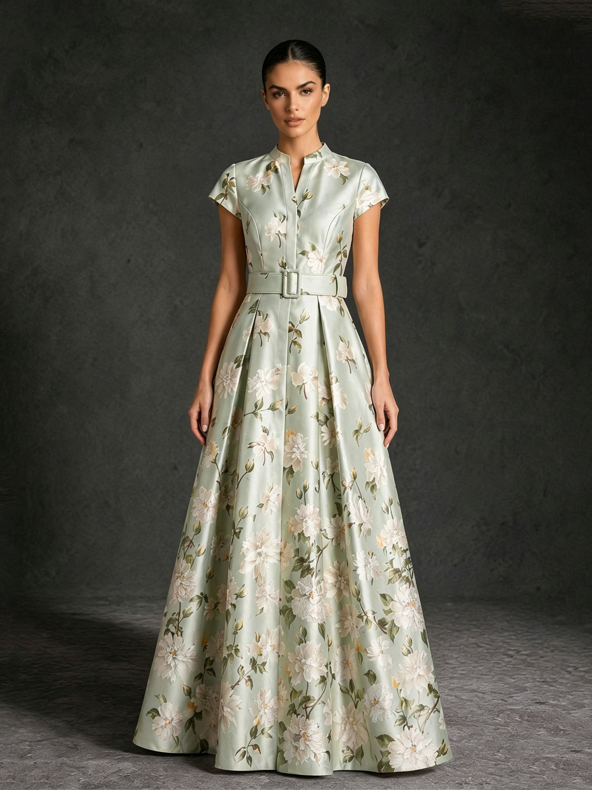 BOLODOO sage green floral jacquard gown close-up front view showing mandarin V-notch collar cap sleeve and square buckle belt detail