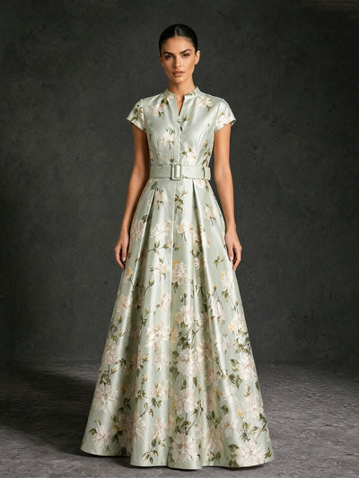 BOLODOO sage green floral jacquard gown close-up front view showing mandarin V-notch collar cap sleeve and square buckle belt detail