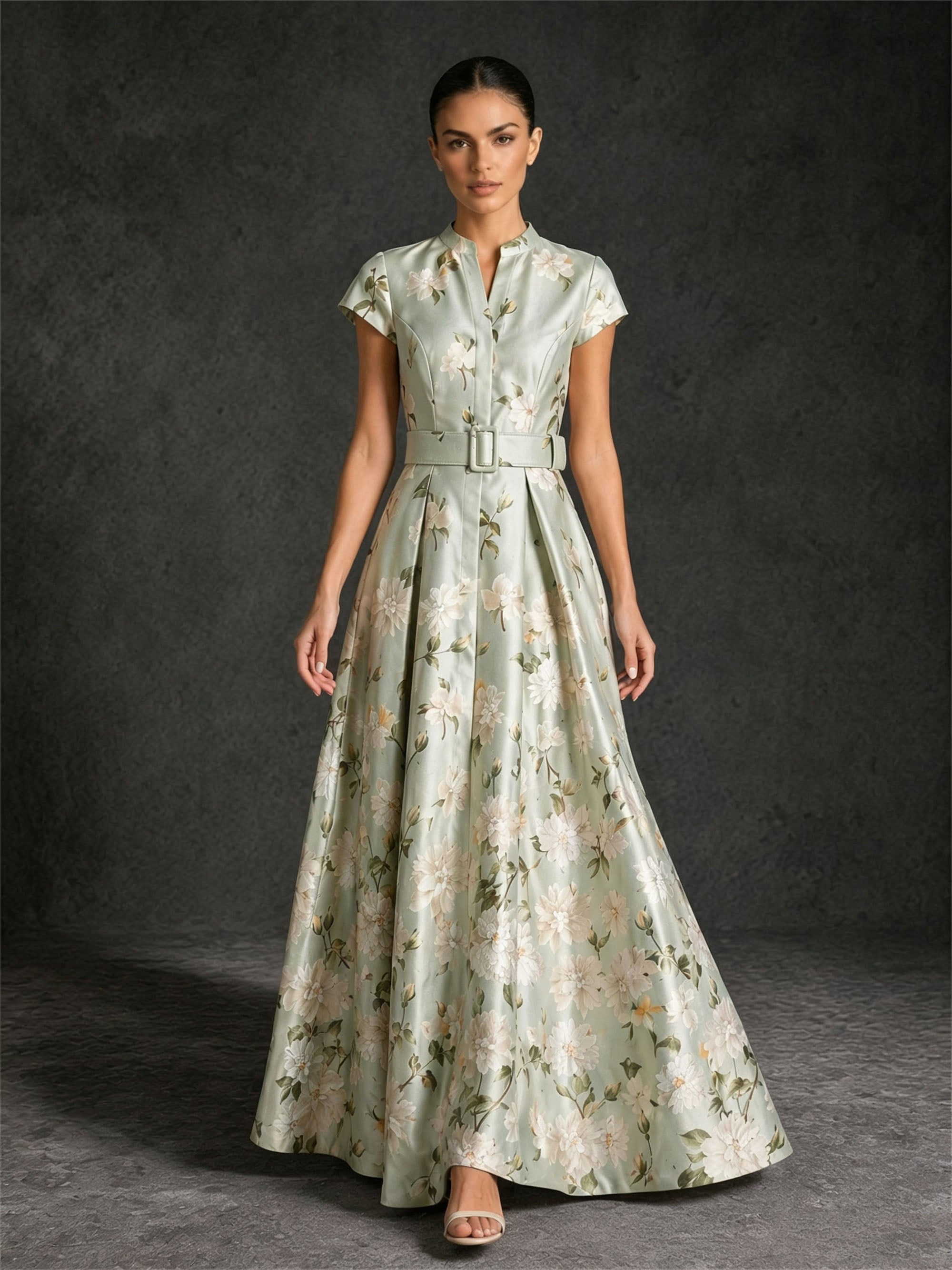 BOLODOO sage green floral jacquard cap sleeve A-line maxi formal gown front full length view showing pleated skirt and floor length hem