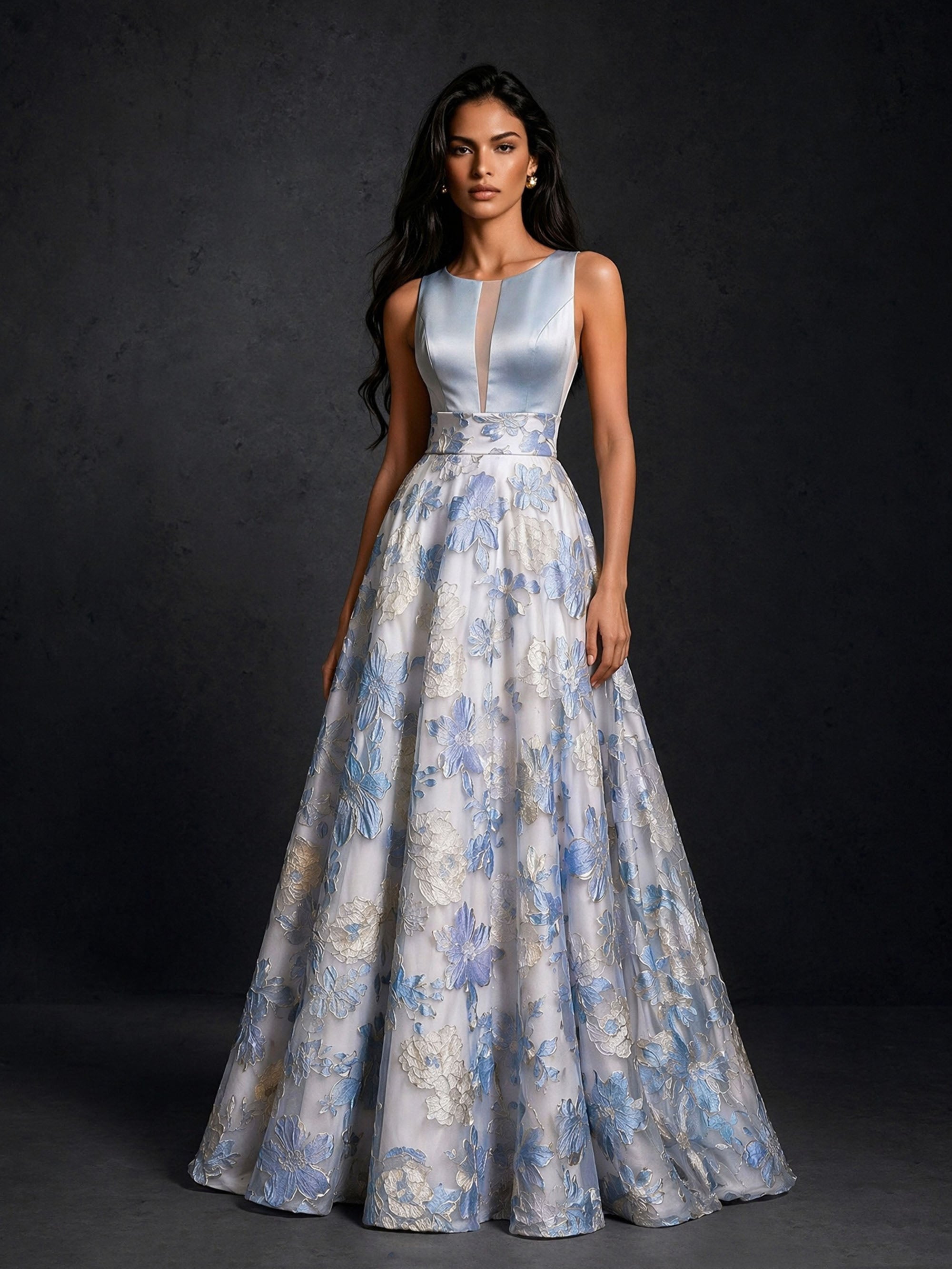 BOLODOO ice blue satin bodice floral sequin embroidered tulle ball gown A-line floor length – front full length looking down view