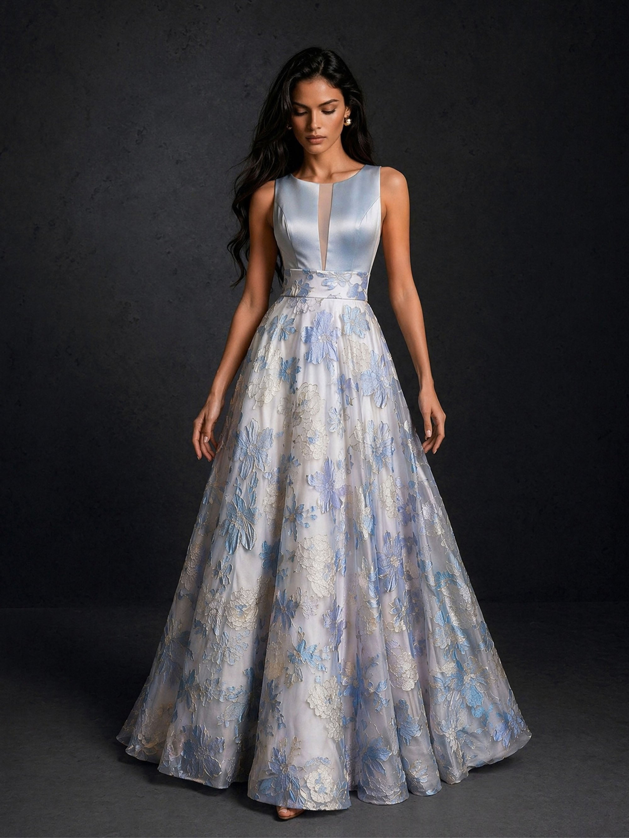 BOLODOO ice blue floral sequin tulle A-line gown with satin bodice and low back – back three-quarter view showing full skirt and zipper closure
