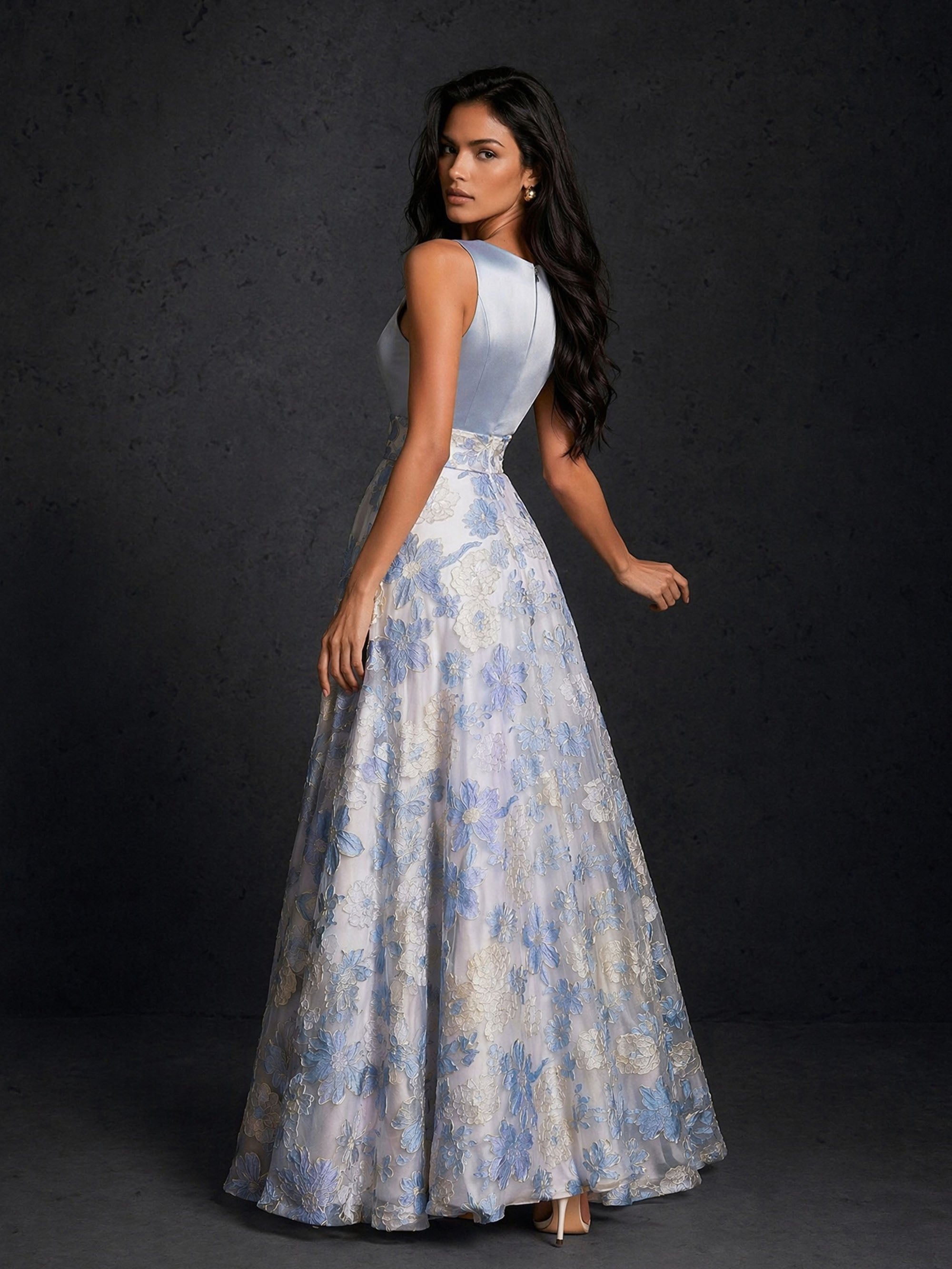 BOLODOO ice blue satin bodice gown close-up front view showing sheer V-illusion insert neckline and satin waistband detail