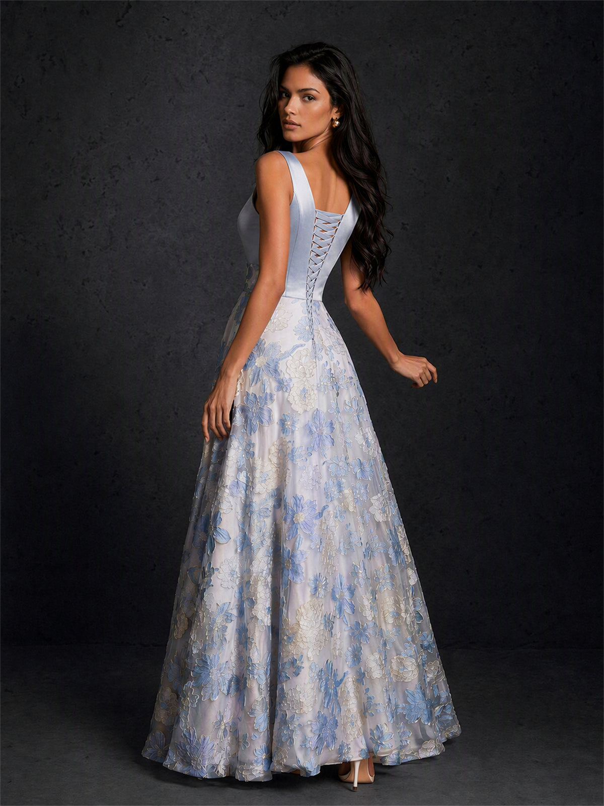 BOLODOO Light Blue Satin Bodice Floral Sequin Tulle A-Line Maxi Gown | Sheer V-Illusion 