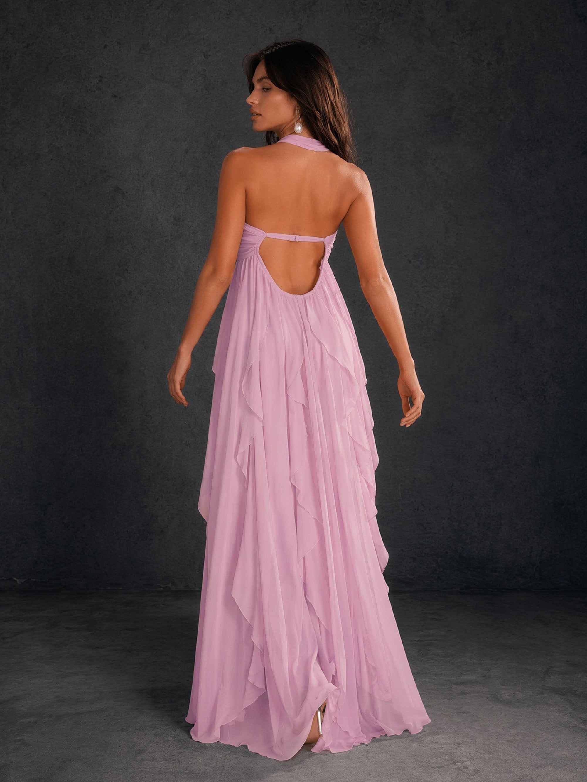 BOLODOO mauve halter neck sweetheart empire waist cascading ruffle chiffon maxi dress with rhinestone butterfly brooch – front full length hand on hip view
