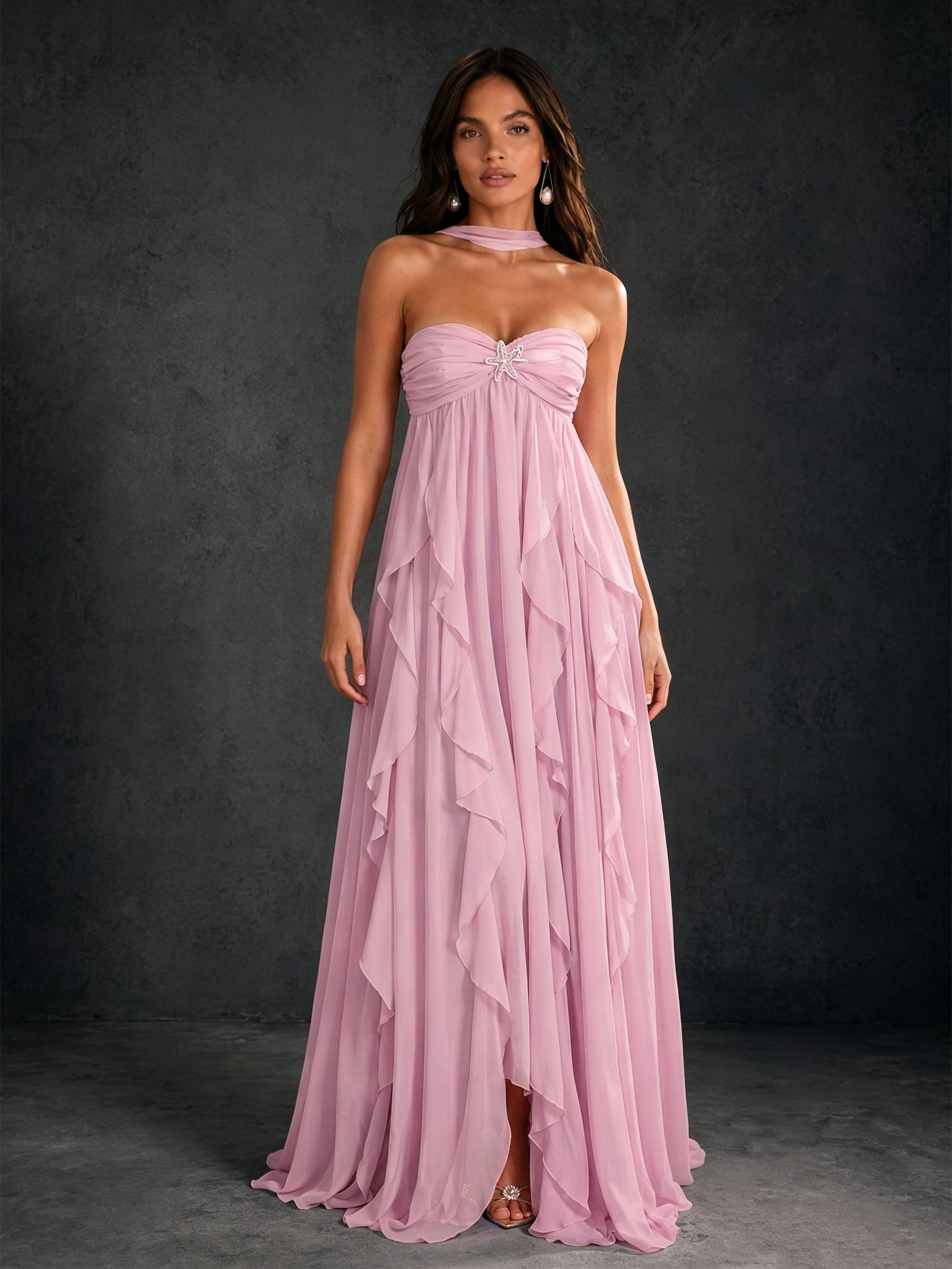 BOLODOO mauve halter neck chiffon maxi dress keyhole cutout open back with criss-cross strap and cascading ruffle skirt – back full length view
