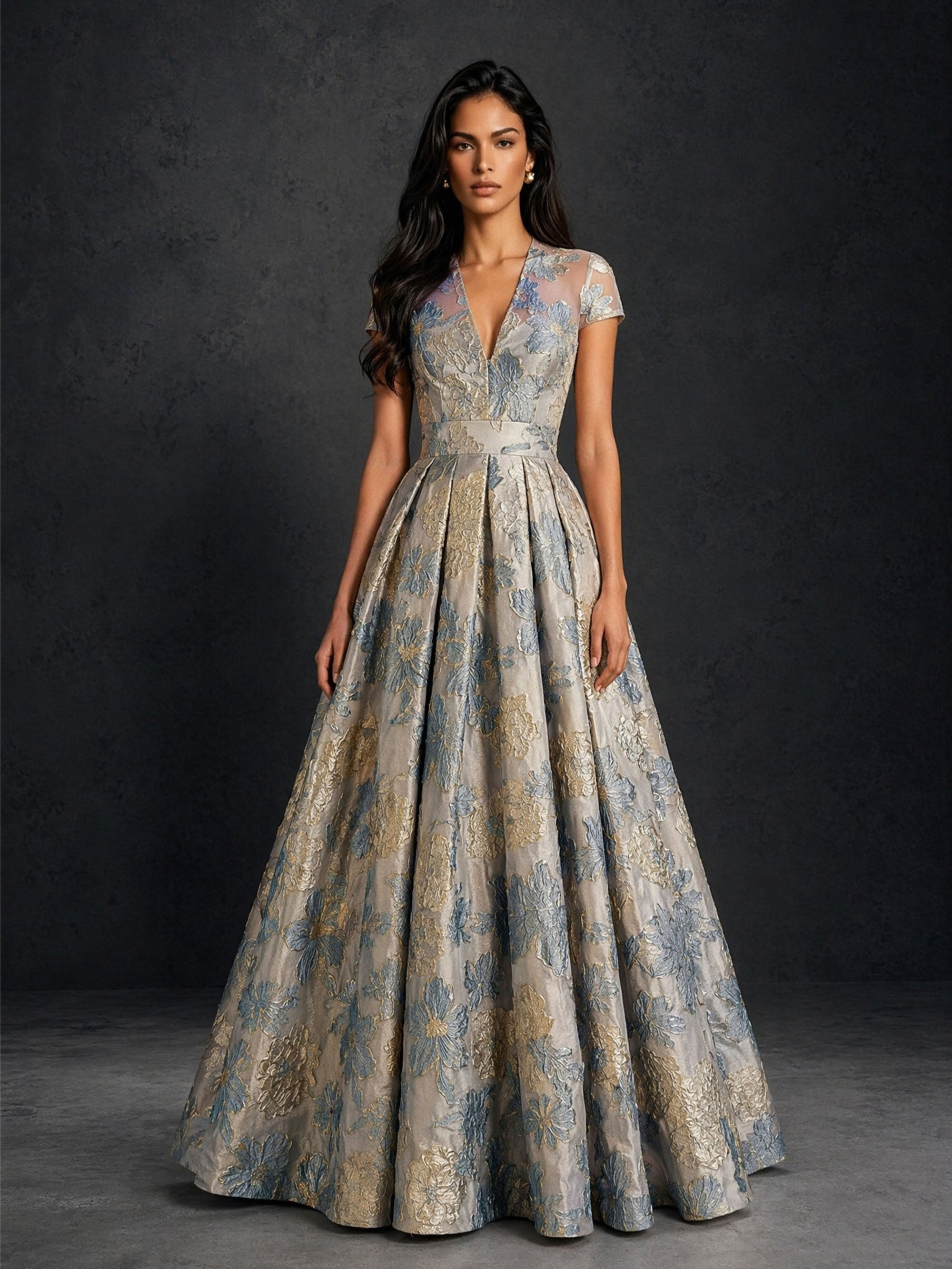 BOLODOO silver blue gold floral brocade sheer V-neck cap sleeve A-line ball gown – front full length natural standing view showing full skirt