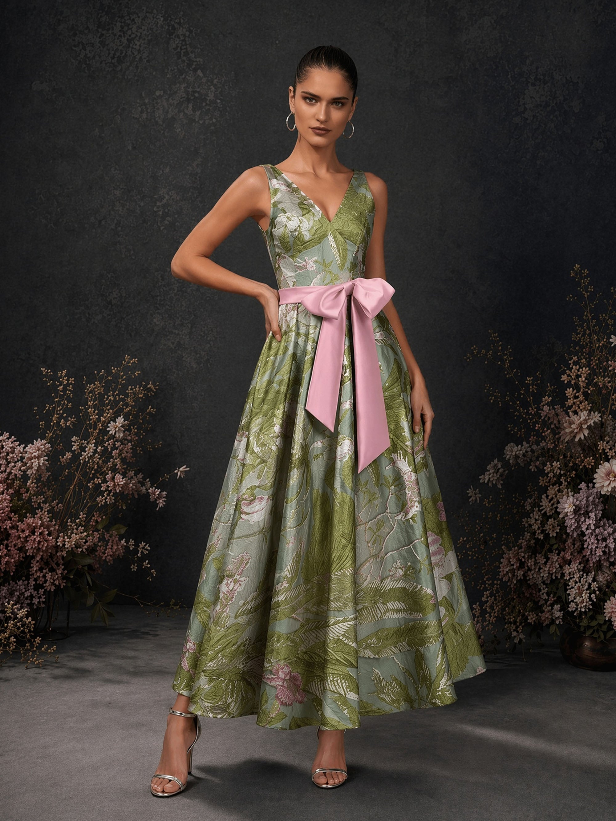 BOLODOO olive green tropical floral jacquard deep V-neck sleeveless A-line tea length dress with pink satin oversized bow belt – front full length hand on hip view