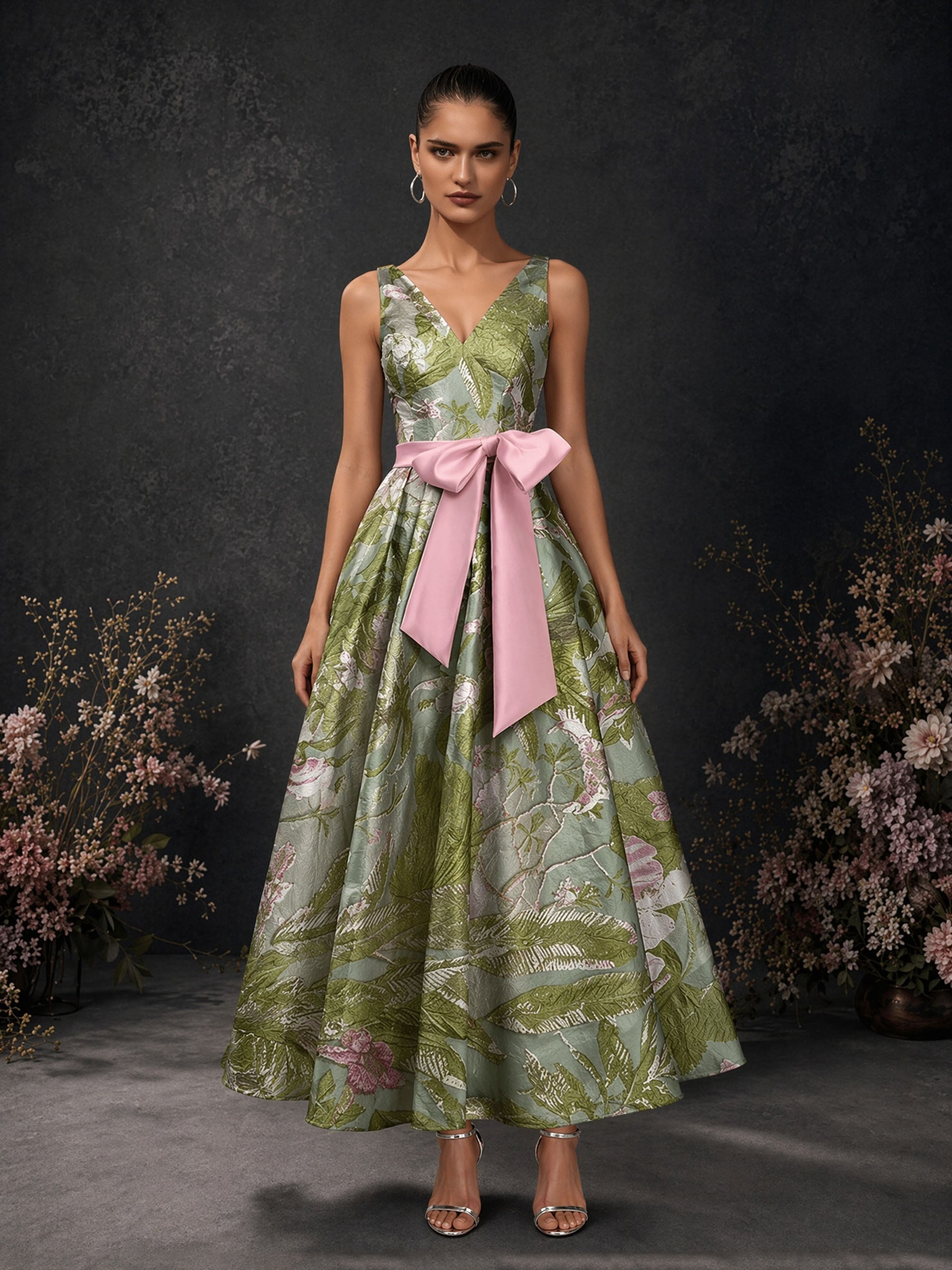 BOLODOO olive green floral jacquard deep V-neck A-line midi dress with pink bow belt – front full length natural standing view showing full pleated skirt