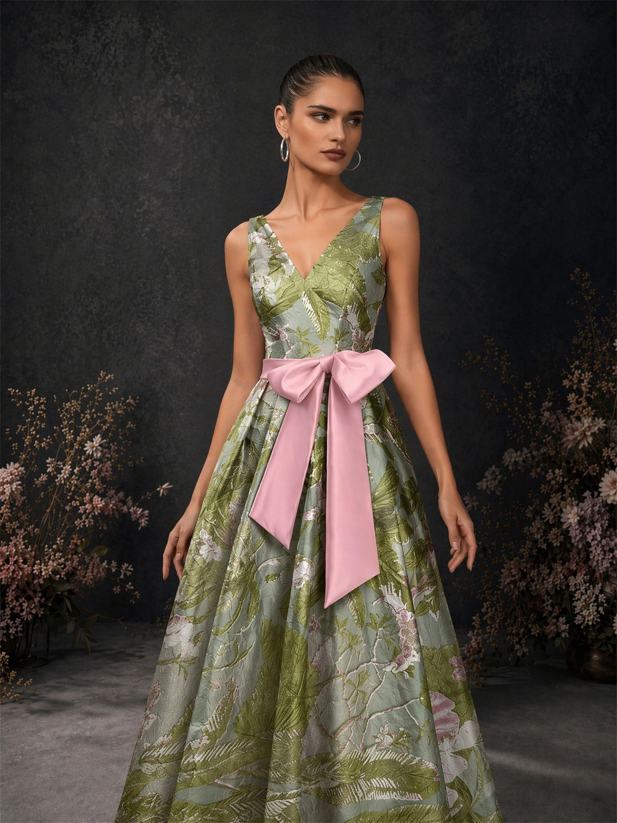 BOLODOO olive green tropical floral brocade deep V-neck dress close-up front view showing V-neckline wide straps and pink satin oversized bow belt detail