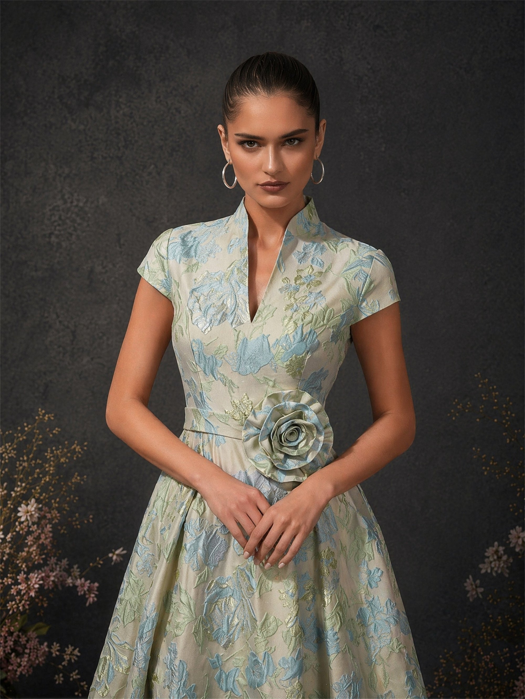BOLODOO champagne ice blue floral jacquard dress close-up front view showing mandarin V-notch collar cap sleeve and 3D rose corsage waist detail