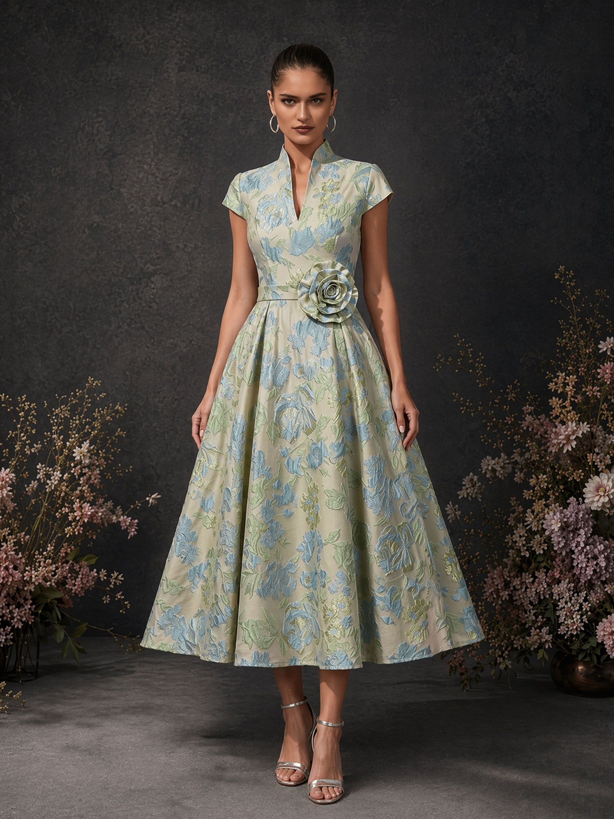 BOLODOO champagne ice blue floral jacquard mandarin collar cap sleeve A-line tea length dress with 3D rose corsage – front full length standing view