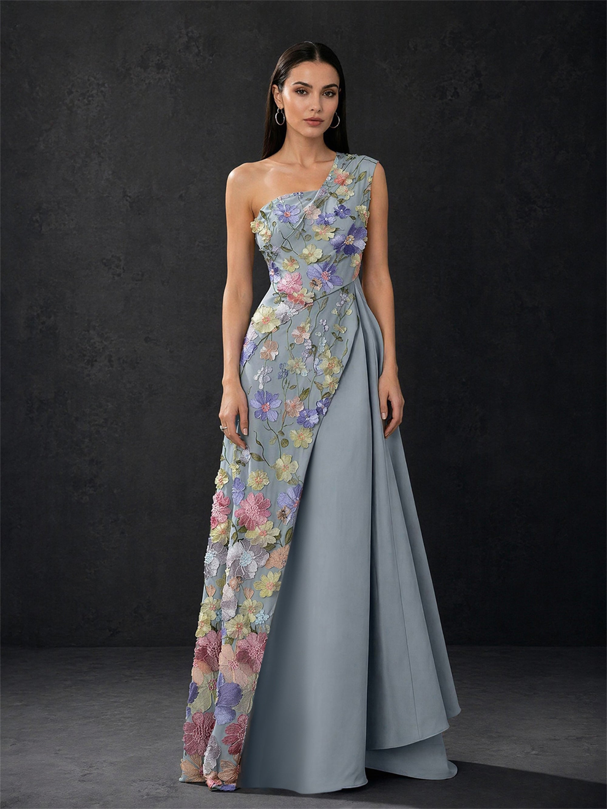 BOLODOO dusty blue one-shoulder sleeveless satin and 3D floral appliqué tulle panel maxi gown – front full length view showing dual panel skirt
