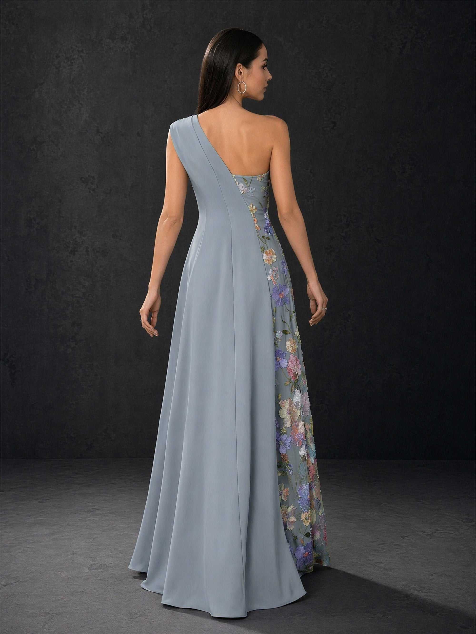 BOLODOO dusty blue one-shoulder 3D floral appliqué tulle panel satin maxi gown – back full length view showing open back and floor length hem