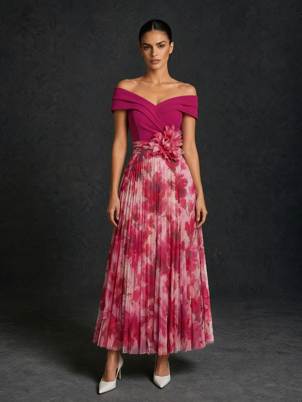 BOLODOO magenta off-shoulder crossover bodice dress close-up front view showing 3D flower corsage waist detail and pleated floral skirt