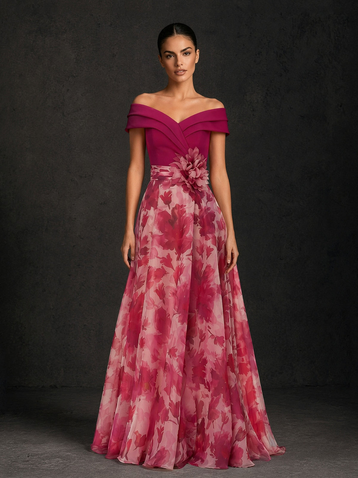 BOLODOO magenta off-shoulder crossover bodice pink floral chiffon maxi gown – back view showing low back with button detail and satin waistband