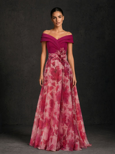 BOLODOO magenta off-shoulder crossover bodice pink floral chiffon maxi gown – back view showing low back with button detail and satin waistband