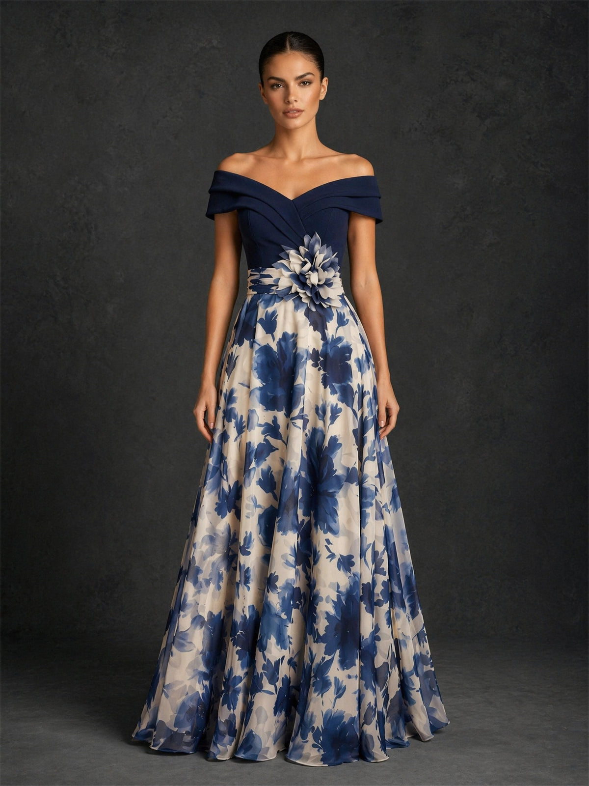 BOLODOO navy blue off-shoulder crossover bodice ivory navy watercolor floral chiffon A-line floor length gown with 3D flower corsage – front full length direct gaze view