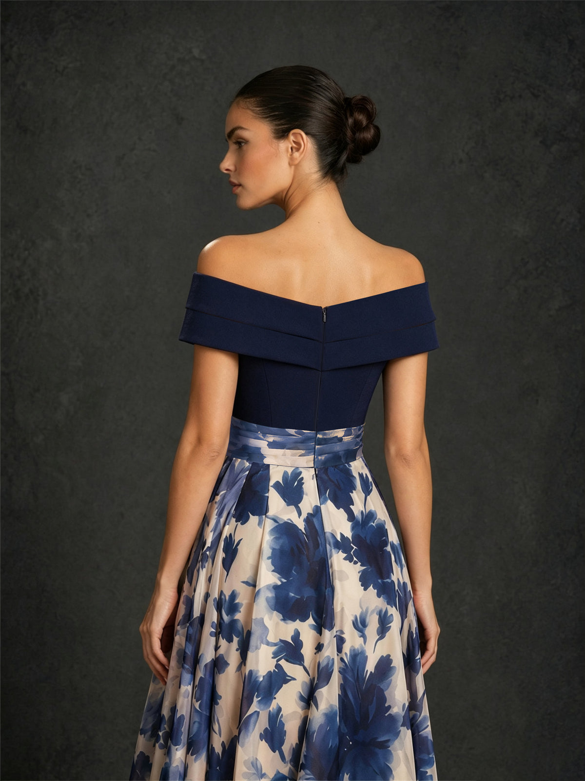 BOLODOO Navy Blue Off-Shoulder Crossover Bodice Ivory Floral Chiffon Floor Length Gown | 3D Flower 
