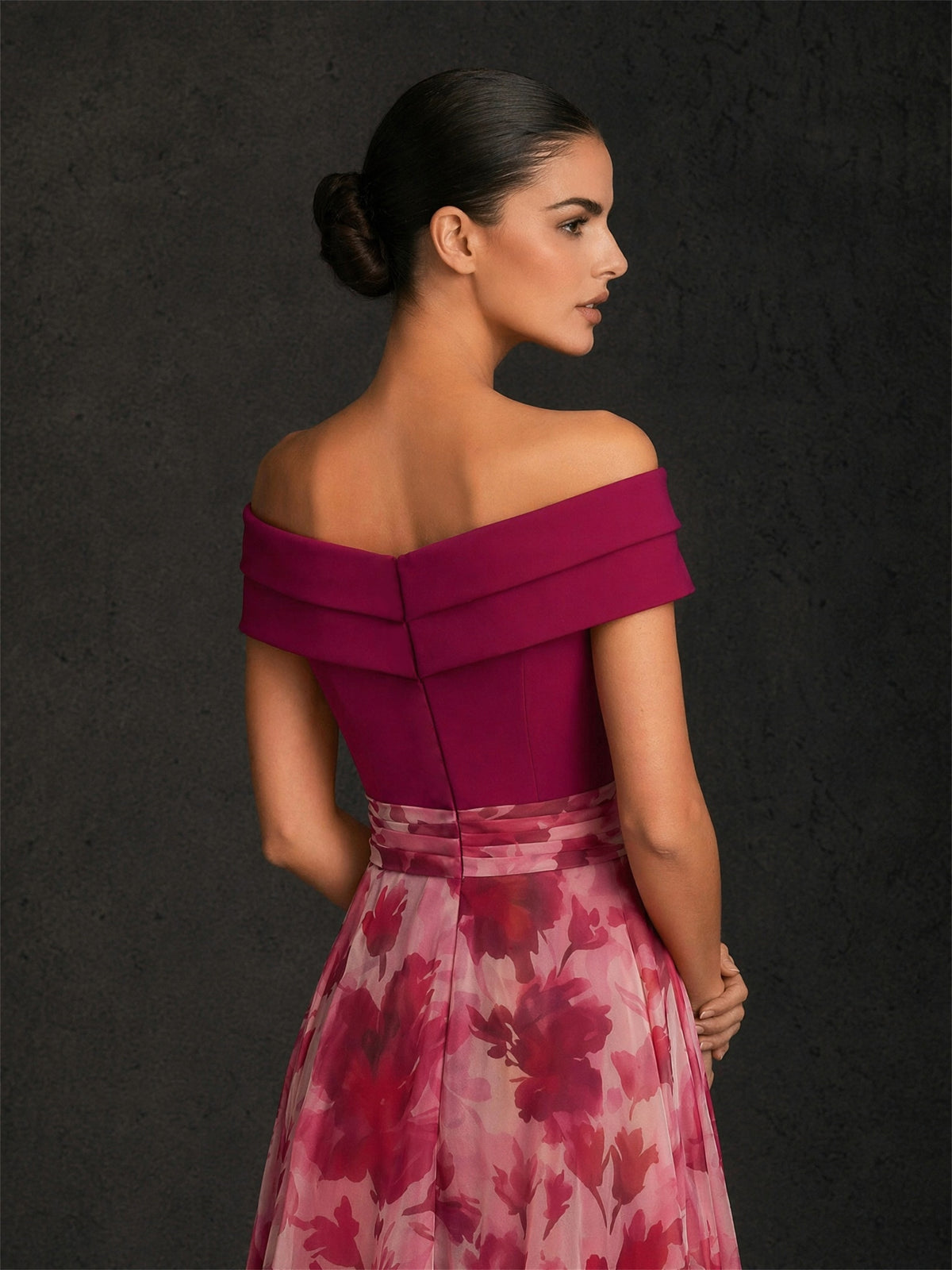 BOLODOO Magenta Off-Shoulder Crossover Bodice Pink Floral Chiffon Floor Length Gown | 3D Flower 