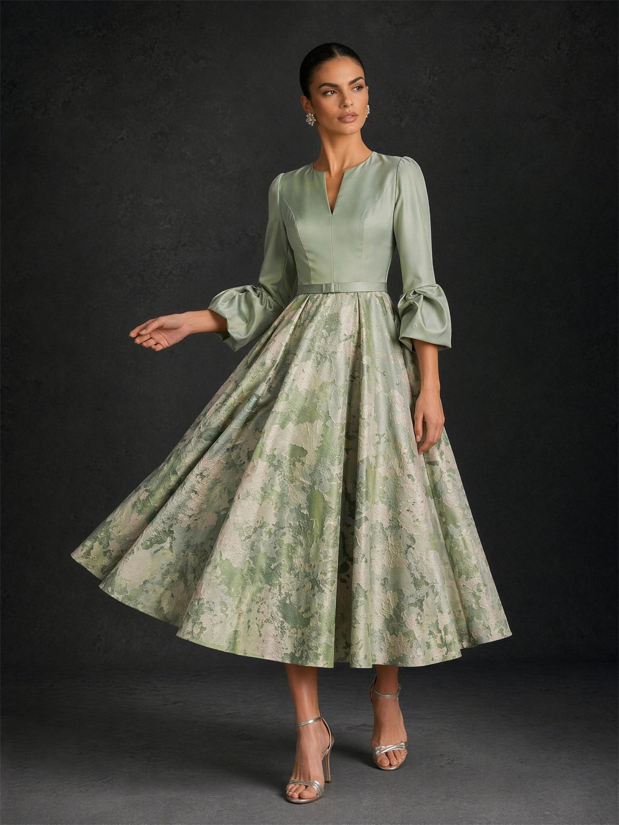 BOLODOO sage green satin 3/4 puff sleeve champagne floral jacquard A-line tea length formal dress – back full length view showing zipper closure and box pleated skirt