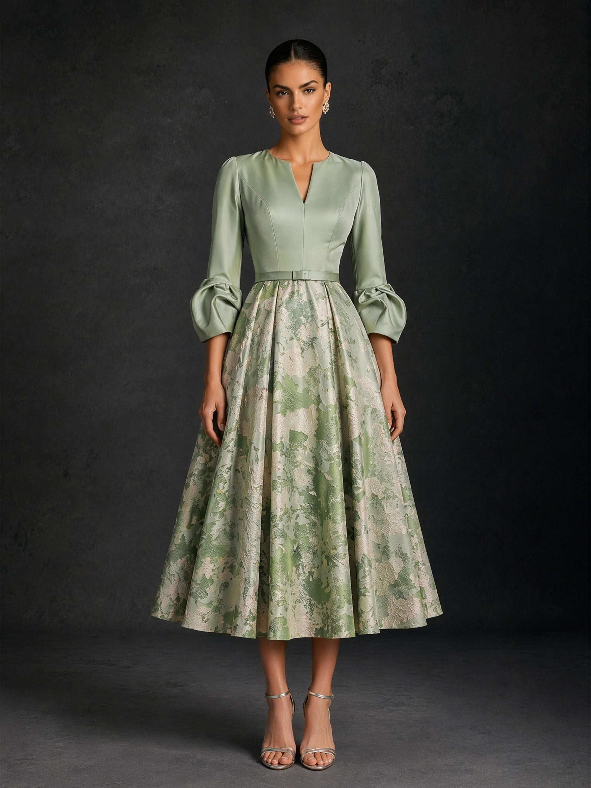 BOLODOO sage green satin V-notch 3/4 puff sleeve champagne floral jacquard A-line tea length dress with slim belt – front full length dynamic walking view