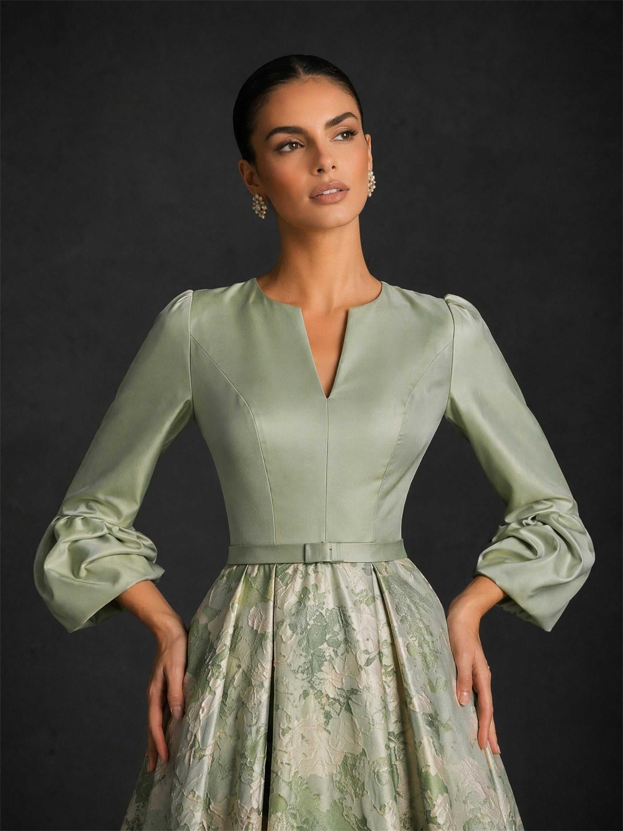 BOLODOO sage green satin bishop puff sleeve floral jacquard box pleated A-line midi dress – front full length standing view showing full skirt
