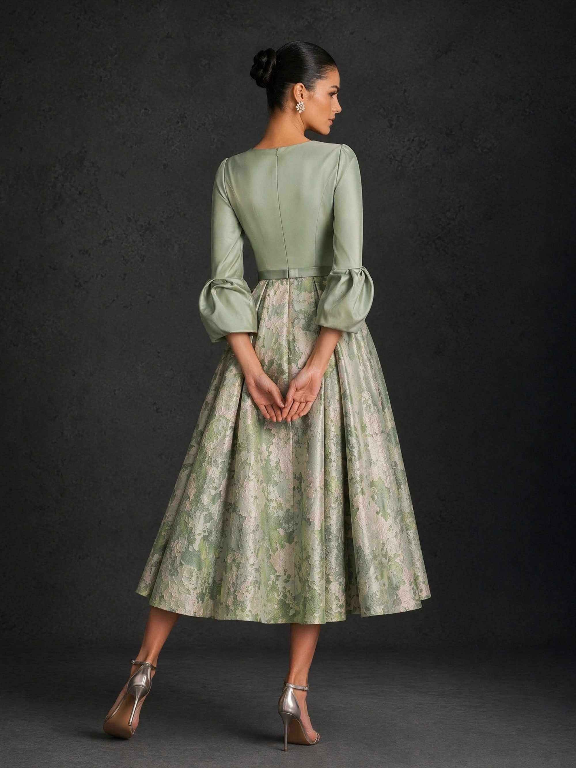 BOLODOO sage green satin V-notch 3/4 puff sleeve floral jacquard tea length dress close-up front view showing neckline bishop sleeve and slim buckle belt detail