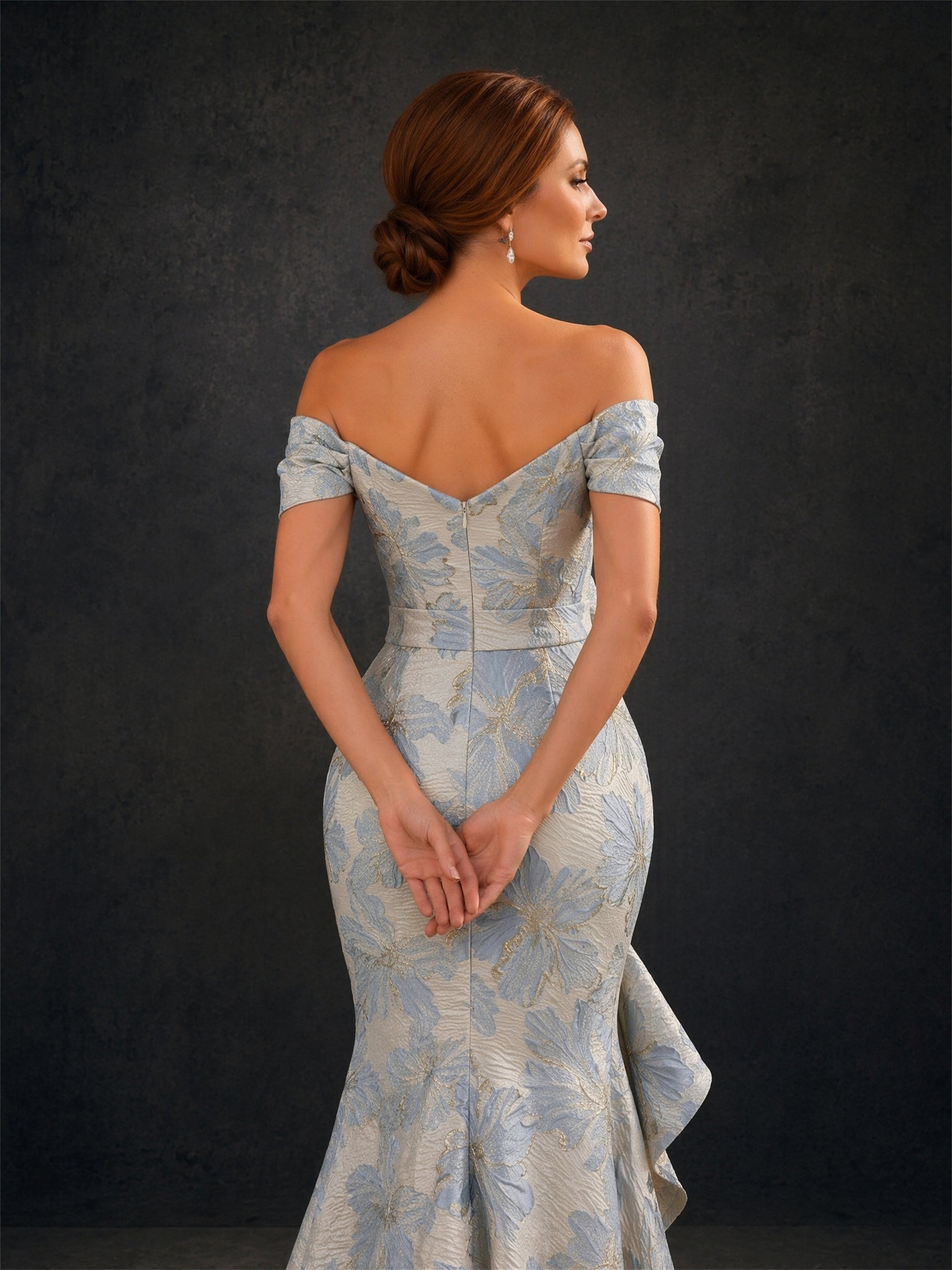 BOLODOO ice blue champagne gold floral jacquard off-shoulder sweetheart mermaid gown with 3D rose corsage and cascading side ruffle – front full length dynamic walking view