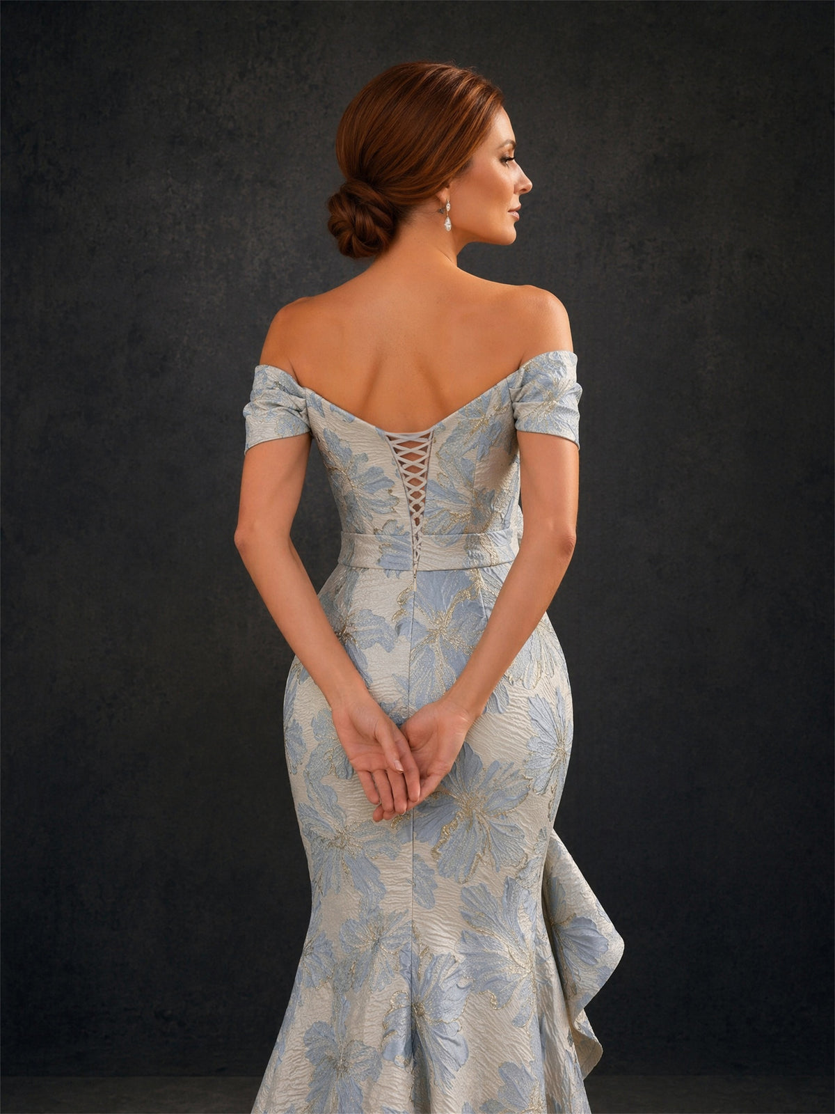 BOLODOO Blue Floral Jacquard Off-Shoulder Sweetheart Mermaid Gown | 3D Rose Cascading Ruffle 