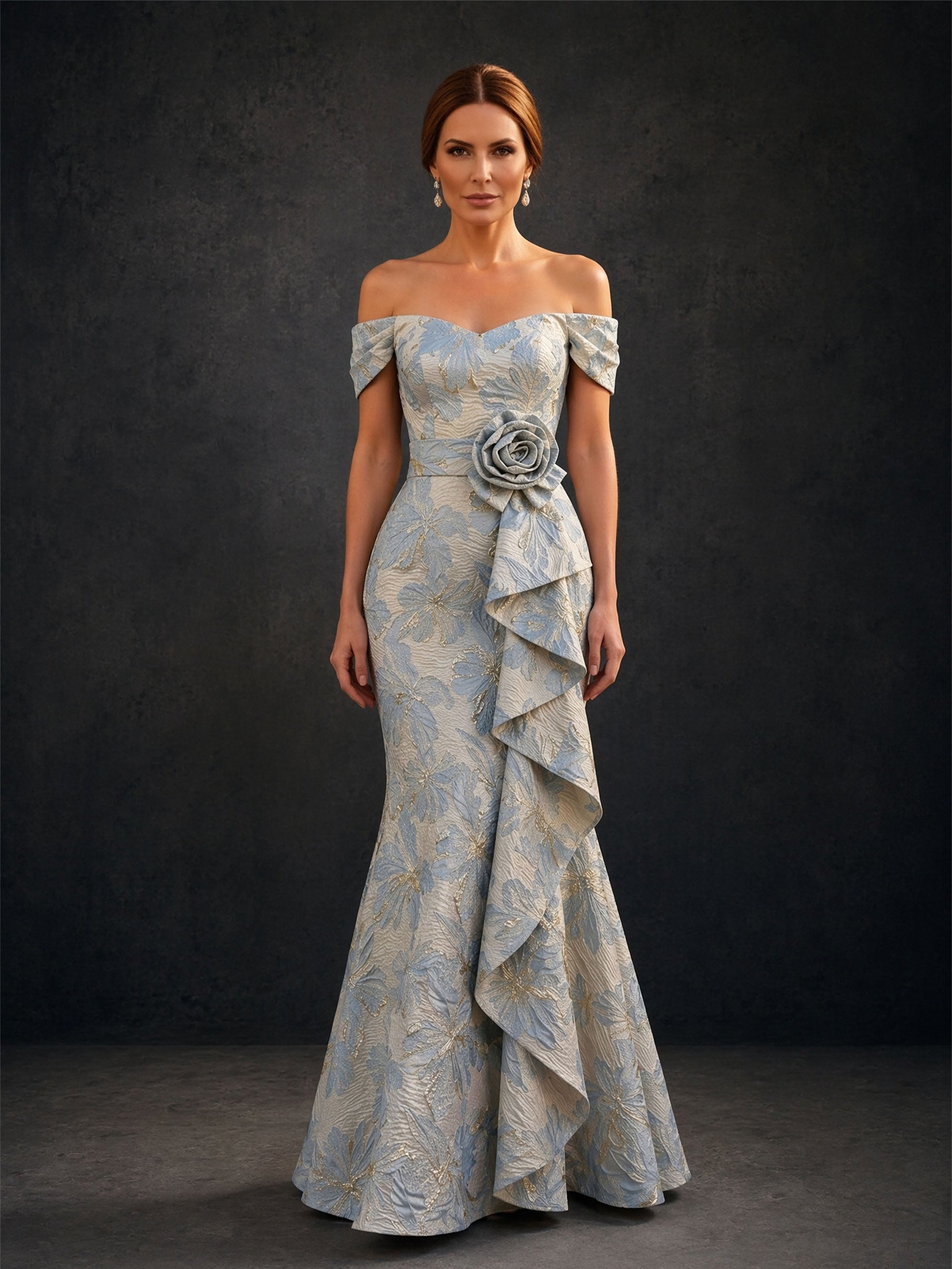 BOLODOO ice blue floral jacquard off-shoulder sweetheart mermaid gown with cascading side ruffle – back full length view showing low V back and zipper closure