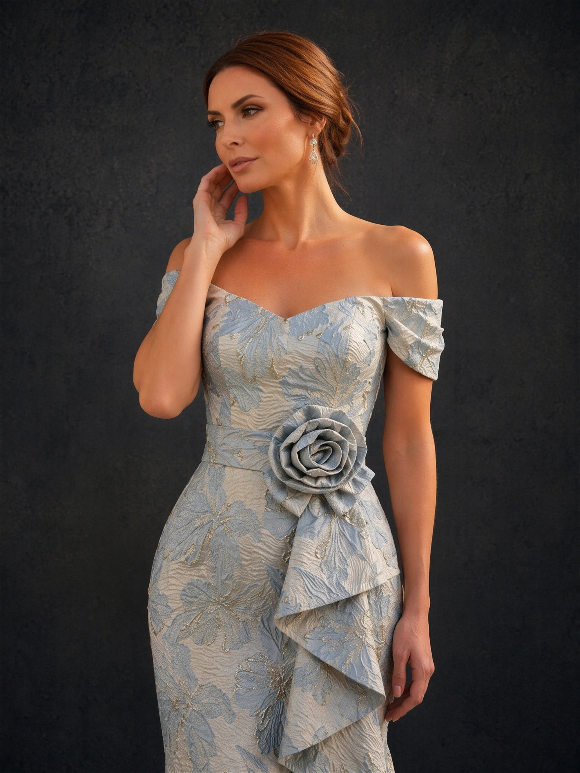 BOLODOO ice blue champagne gold floral brocade off-shoulder sweetheart mermaid floor length gown with 3D rose corsage and tiered side ruffle – front full length standing view