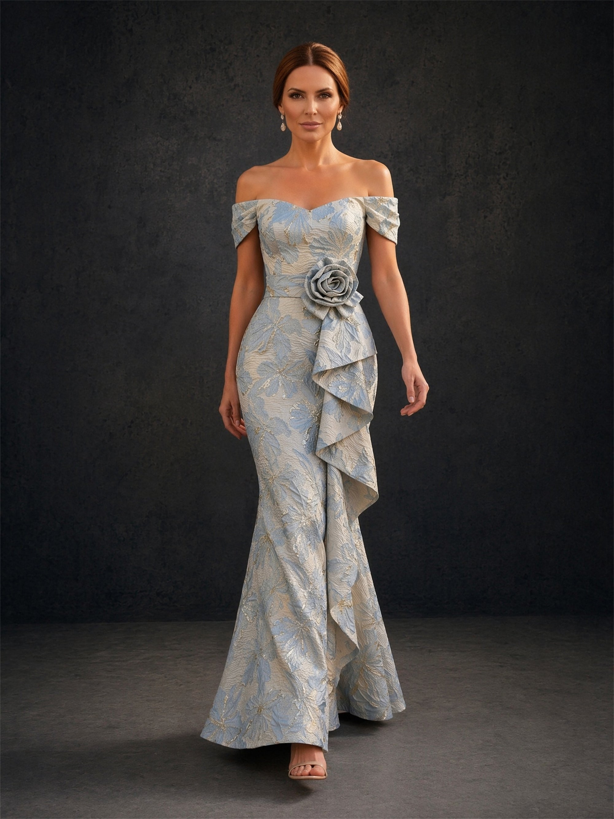 BOLODOO ice blue floral jacquard off-shoulder sweetheart gown close-up front view showing 3D rose corsage cascading ruffle and sweetheart neckline detail