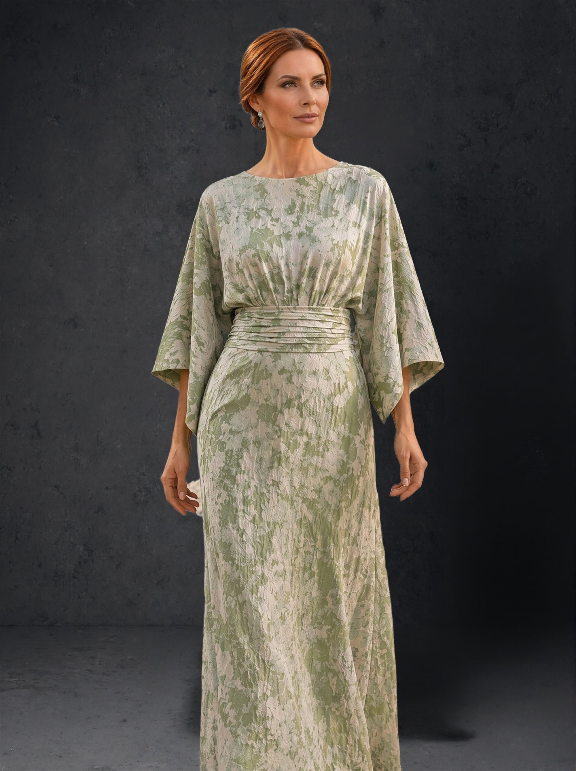 BOLODOO sage green floral jacquard batwing sleeve A-line maxi gown with ruched waistband – front full length side view showing sleeve drape and skirt