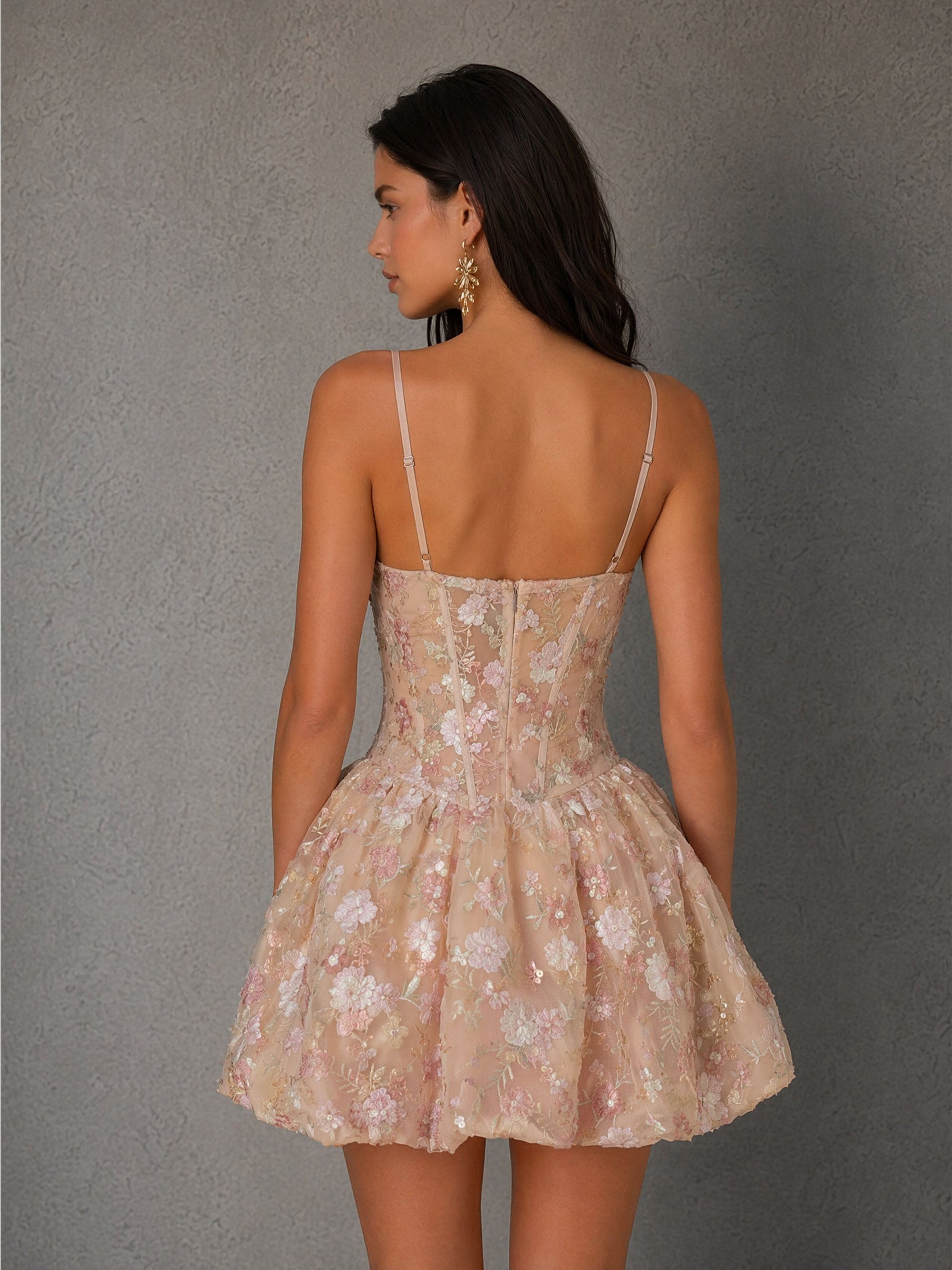 BOLODOO champagne floral embroidered tulle sweetheart spaghetti strap corset bubble mini dress – back full length view showing low back zipper closure and bubble hem