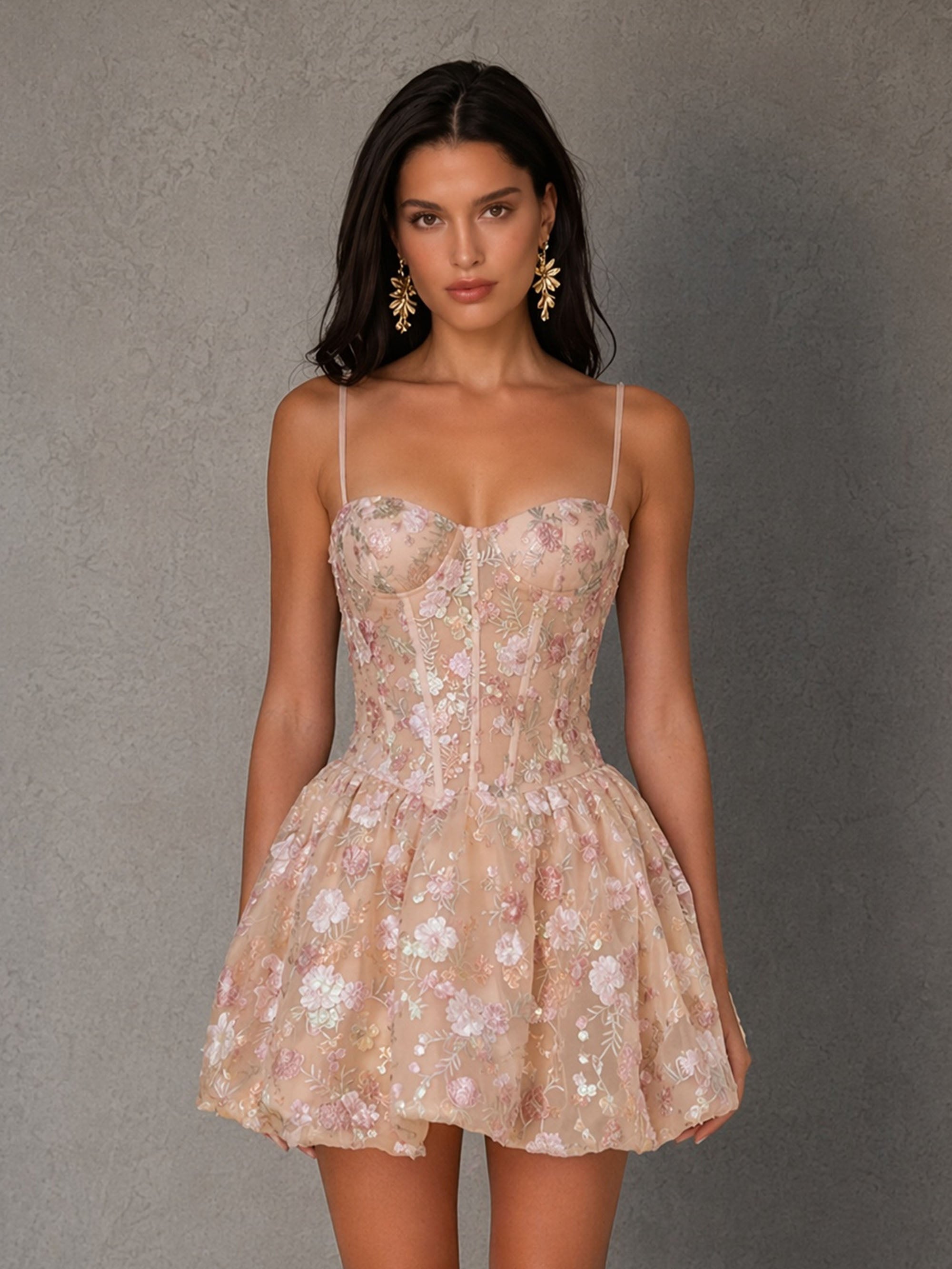 BOLODOO champagne floral embroidered tulle sweetheart spaghetti strap corset bodice bubble mini dress – front full length direct gaze view showing boning detail and puff skirt