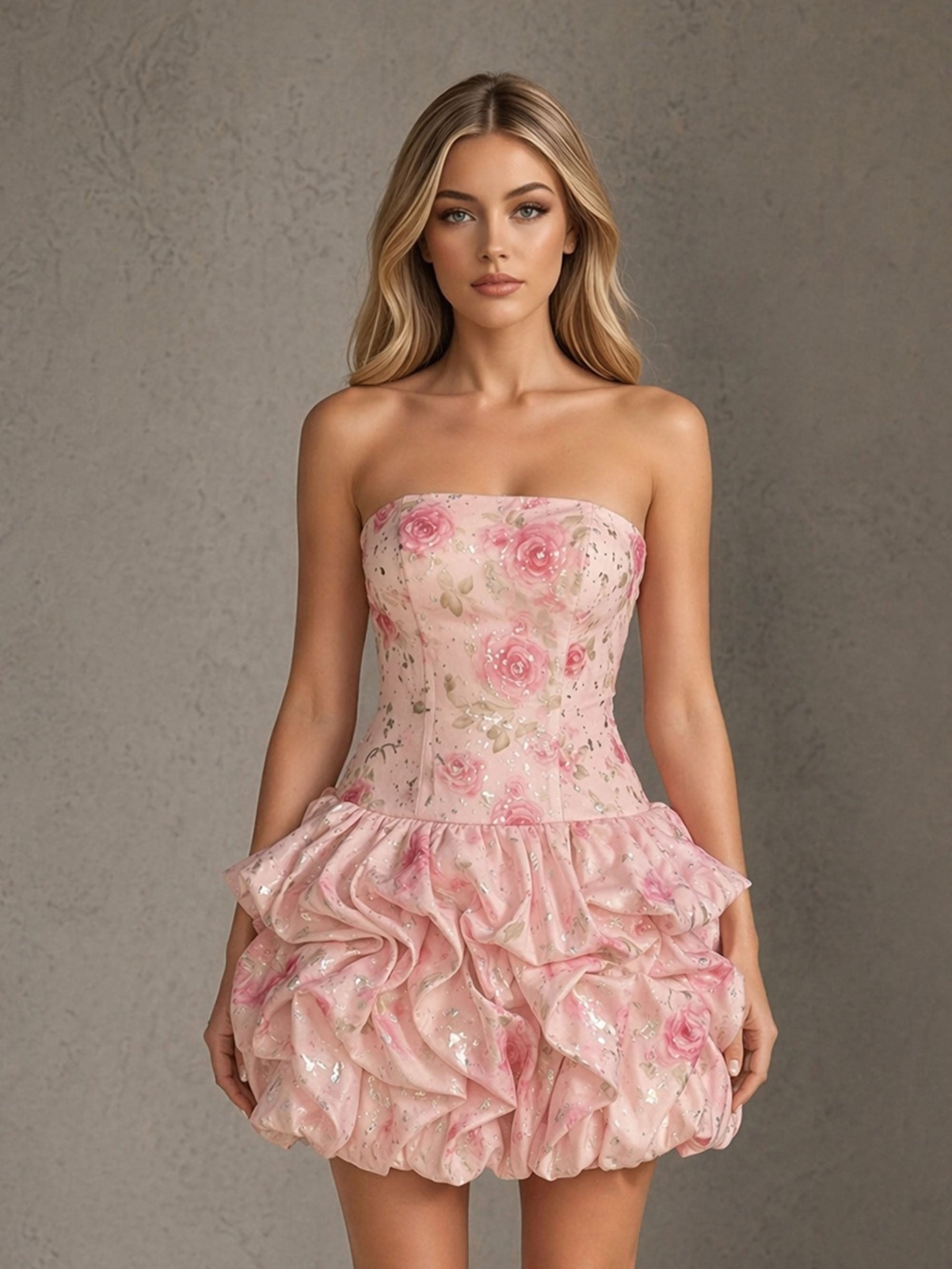 BOLODOO blush pink 3D rose appliqué glitter organza strapless corset bodice bubble mini dress close-up front view showing 3D rose detail sequin shimmer and boning