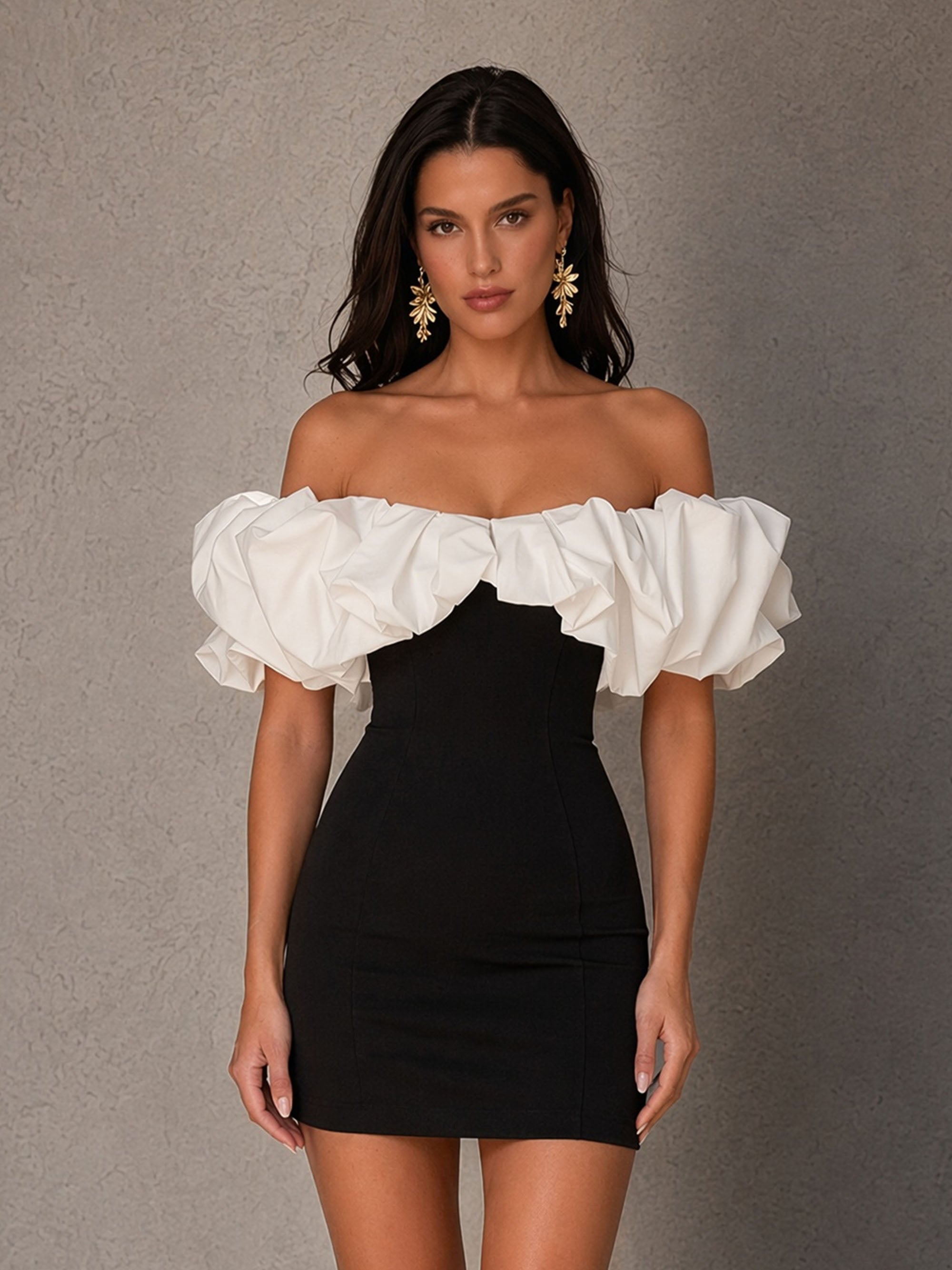 BOLODOO black white color block off-shoulder organza puff sleeve bodycon mini dress close-up front view showing ruffled organza sleeve detail and bardot neckline