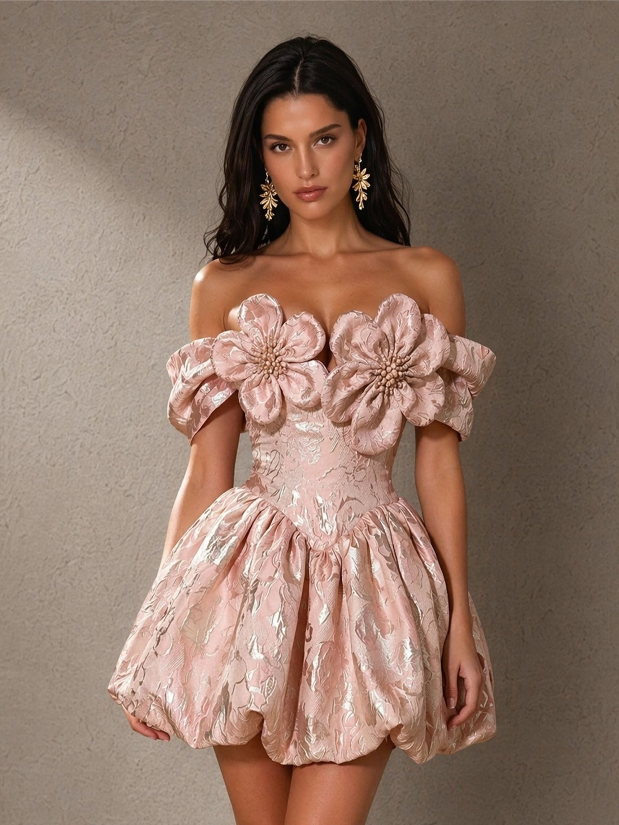 BOLODOO blush rose gold metallic jacquard off-shoulder corset bubble mini dress – back full length alternative view showing lace-up corset back detail and puff sleeve