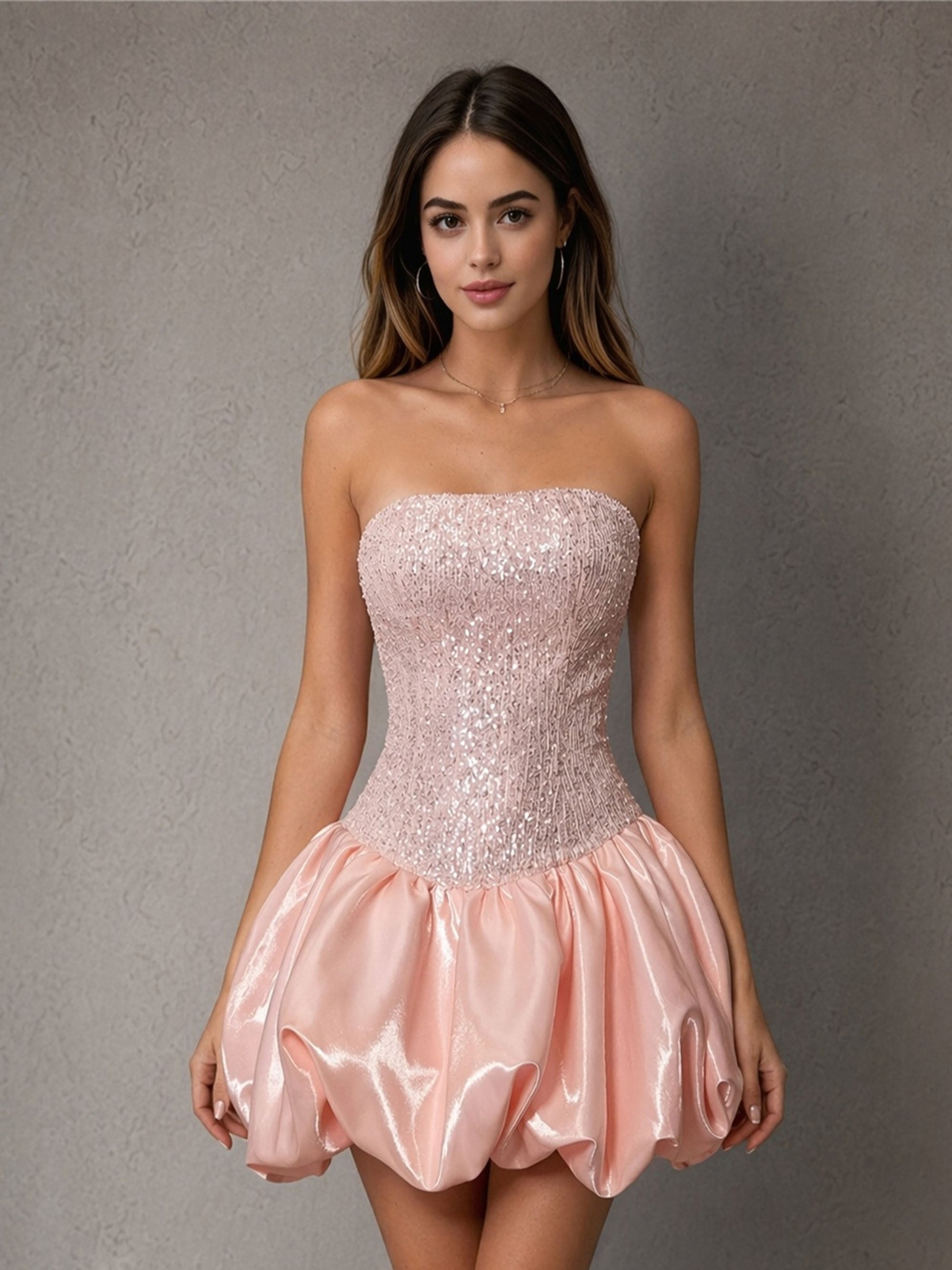 BOLODOO blush pink dense sequin corset bodice satin bubble mini dress – front full length alternative view showing full bubble lantern skirt volume and sequin shimmer
