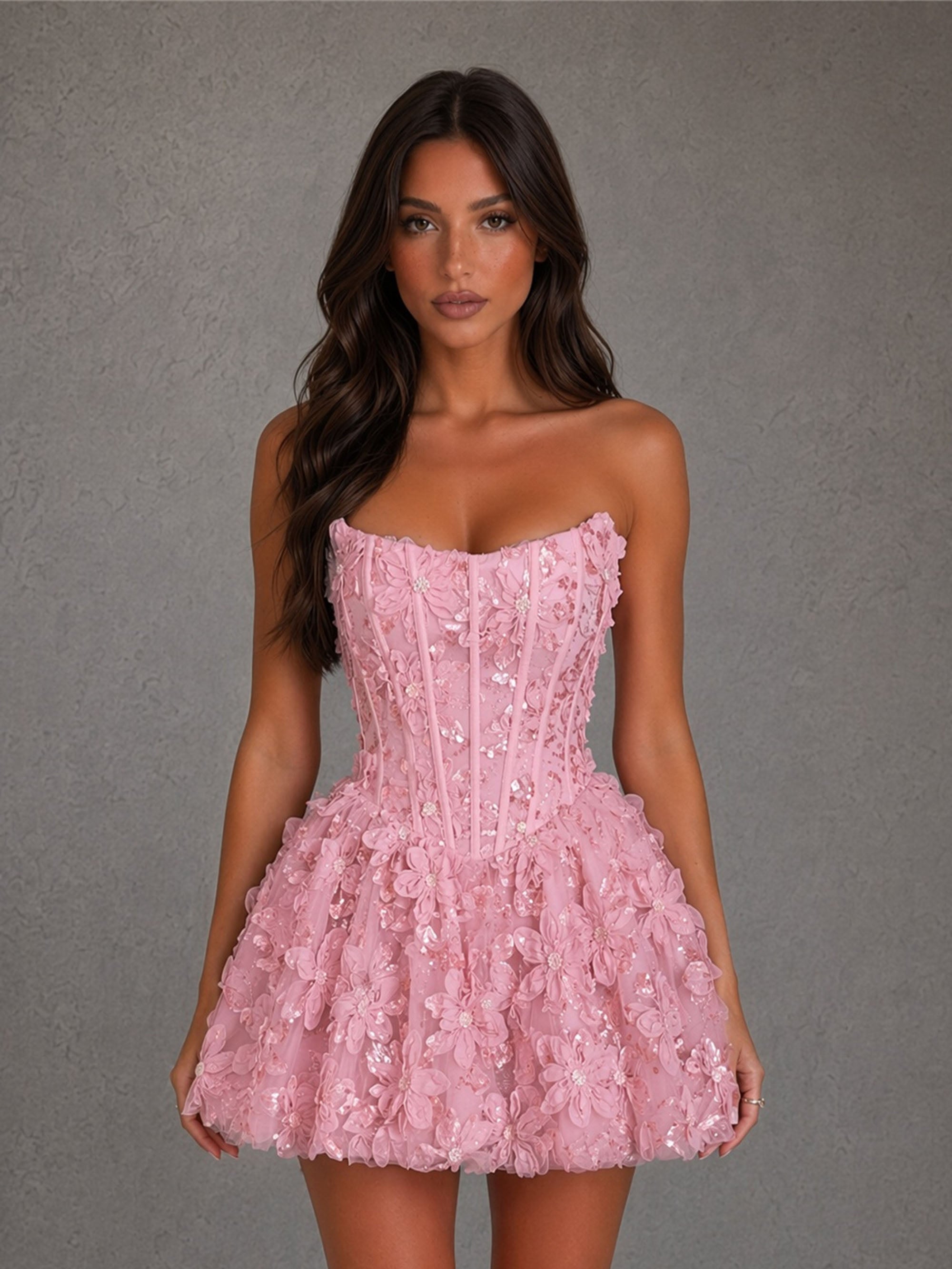 BOLODOO candy pink 3D floral appliqué sequin tulle strapless sweetheart corset puff mini dress close-up front view showing sweetheart neckline 3D floral detail and sequin shimmer