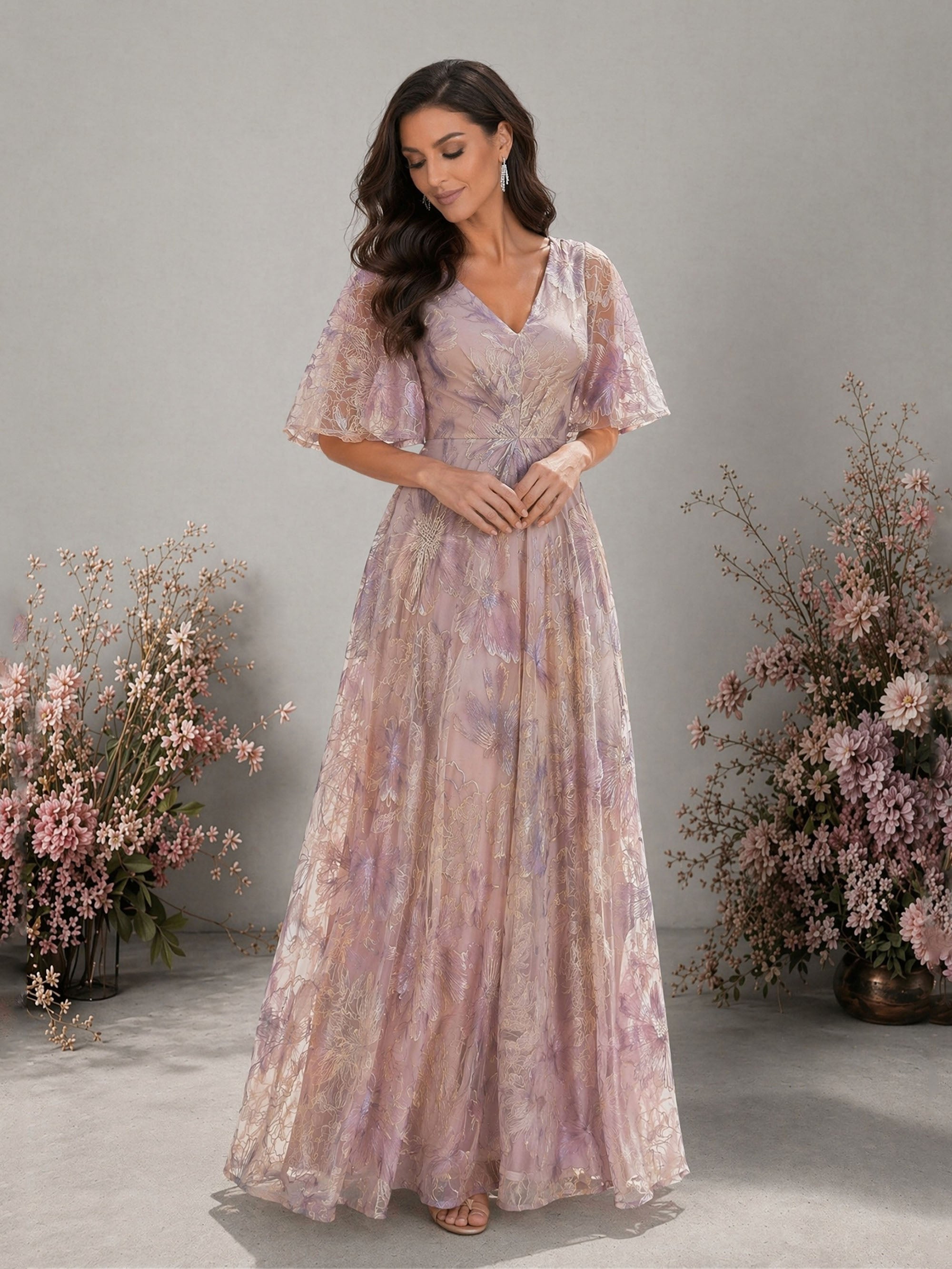 BOLODOO lavender metallic floral embroidered organza V-neck flutter sleeve A-line floor length gown – front full length looking down view showing ruched empire waist detail