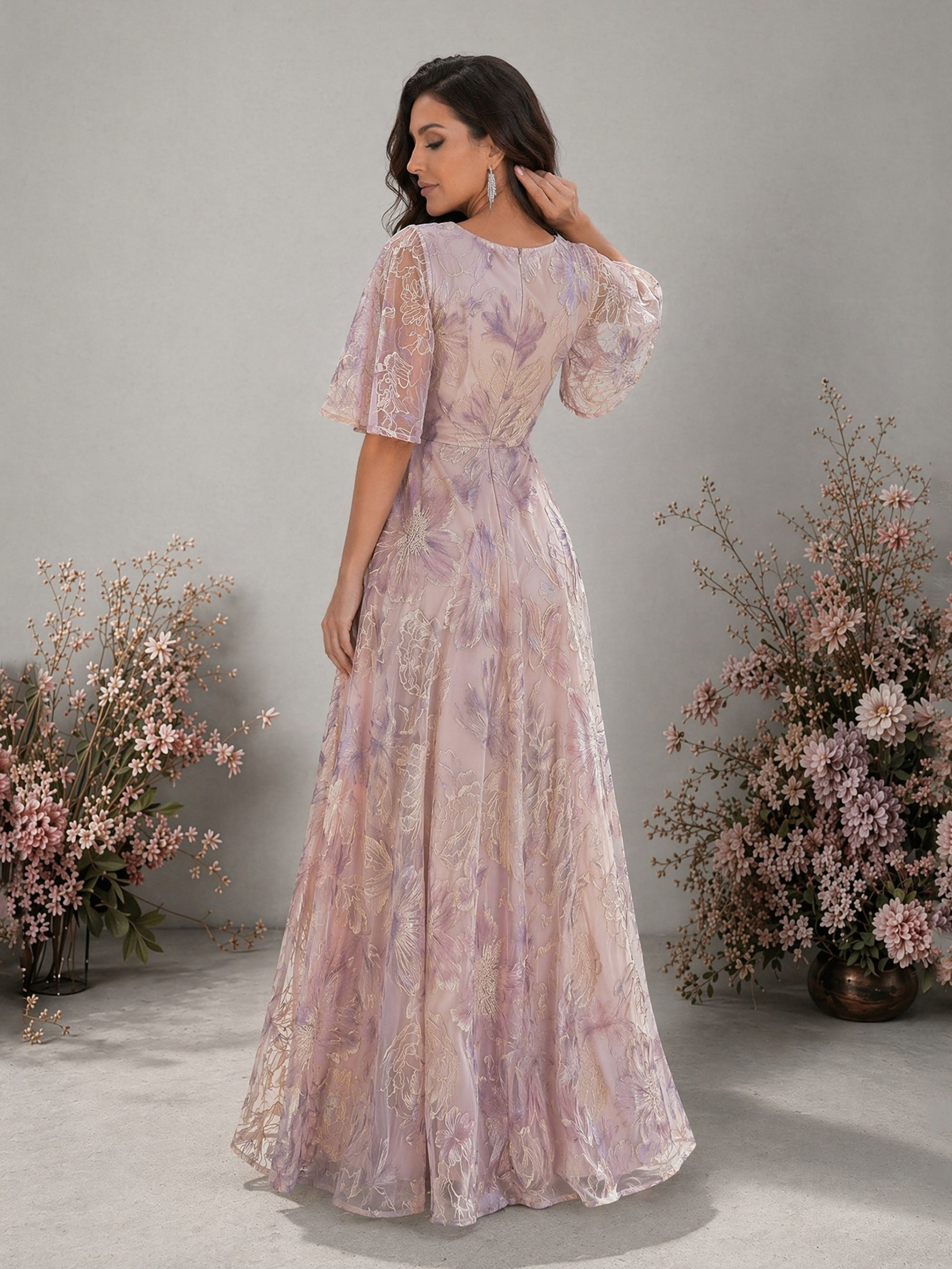 BOLODOO lavender metallic floral embroidered organza V-neck flutter sleeve A-line floor length gown – back full length view showing back V-neck zipper closure and flutter sleeve drape