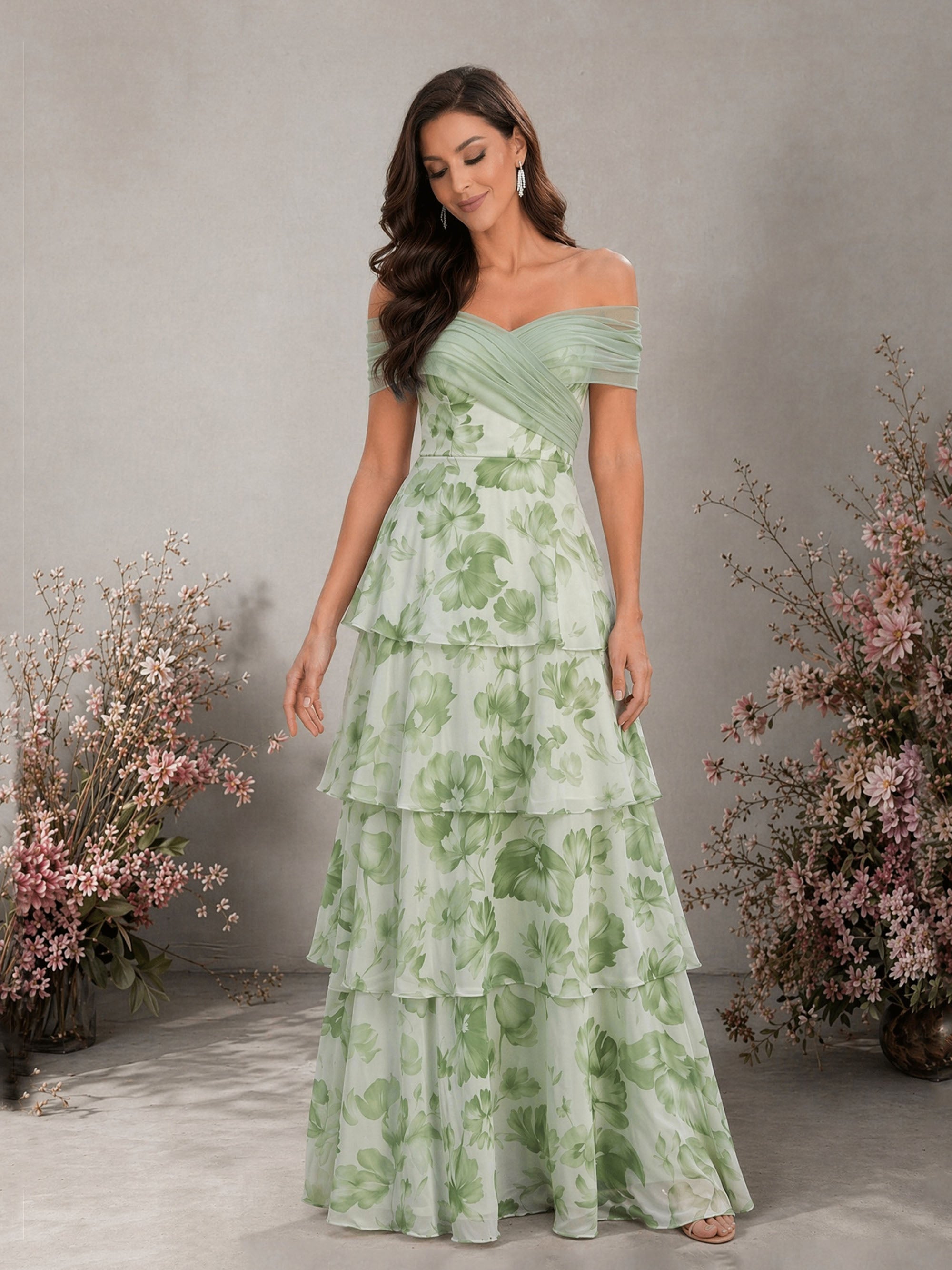 BOLODOO sage green floral off-shoulder tiered chiffon gown – front standing view
